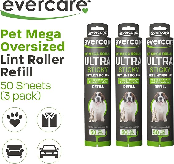 Evercare Pack of 3 All-Purpose Pet Mega Oversized Lint Roller Refills, 50 Sheets Each