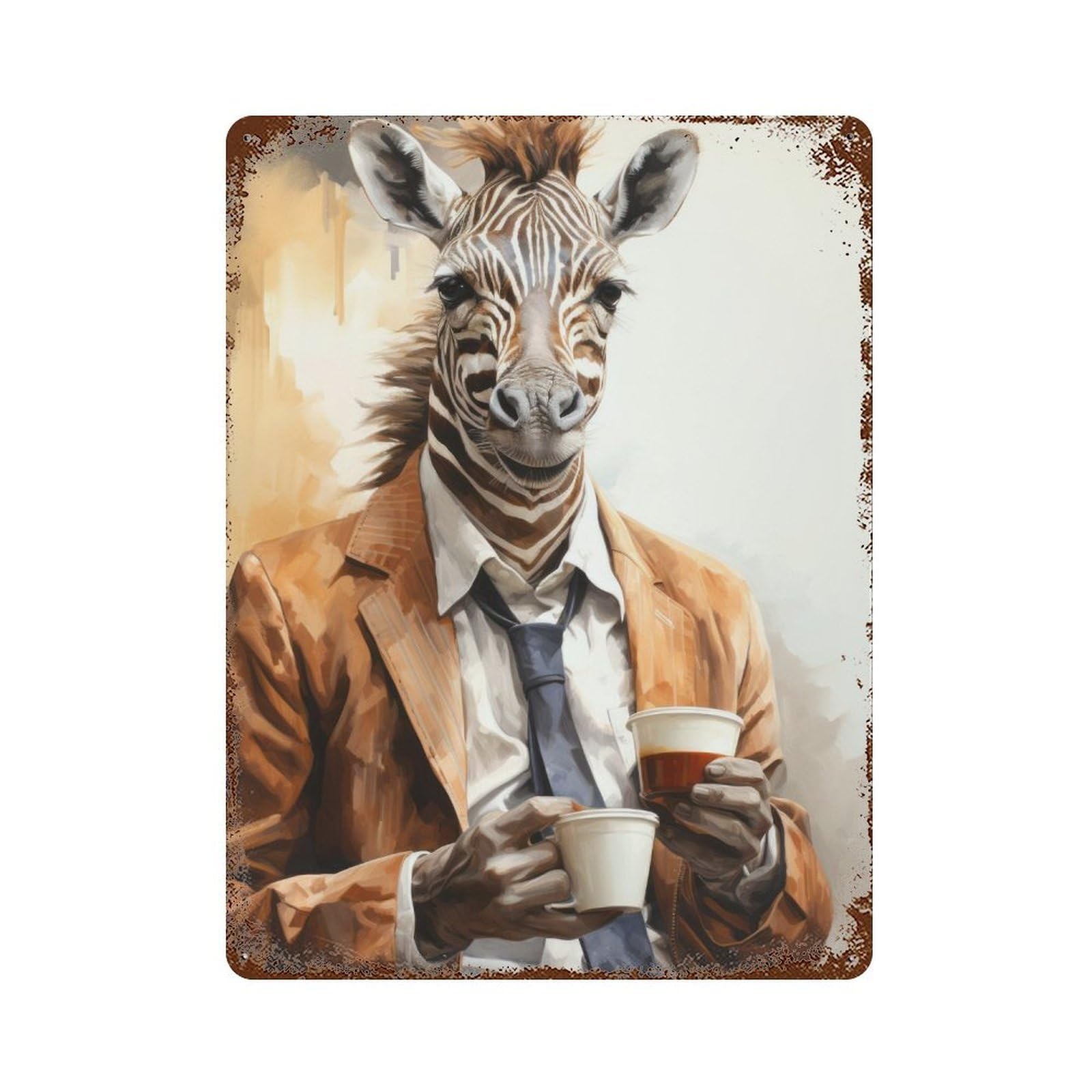 Zebra in Suit Holding Coffee Cup Rust Effect Tin Sign 15.7"x11.8", Vintage Wall Decor for Pub, Kitchen And Man Cave Decor