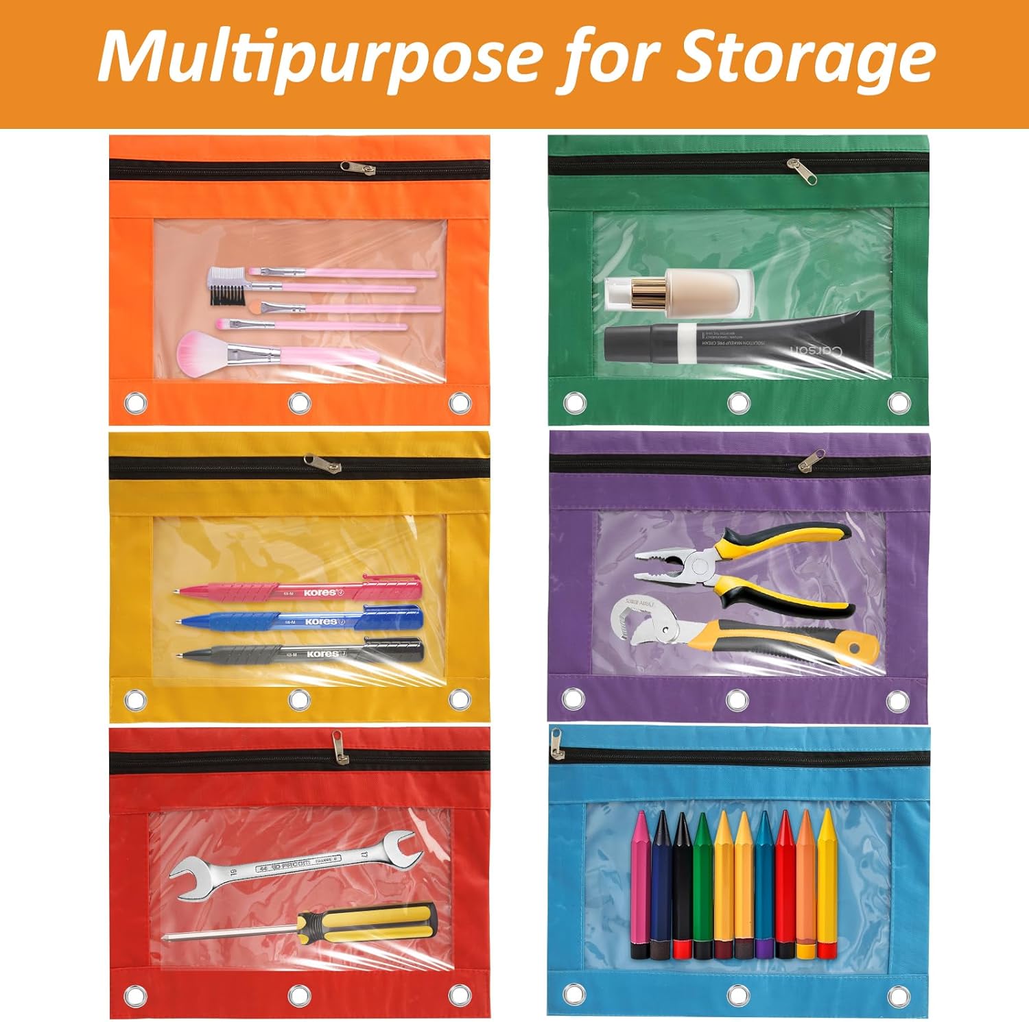 30 Pack Pencil Pouch for 3 Ring Binder, 6 Color Binder Pencil Pouch Bulk, 3-Holes Zipper Pencil Pouches with Clear Window for Office College Supplies, 10 x 7 Inch - Image 4