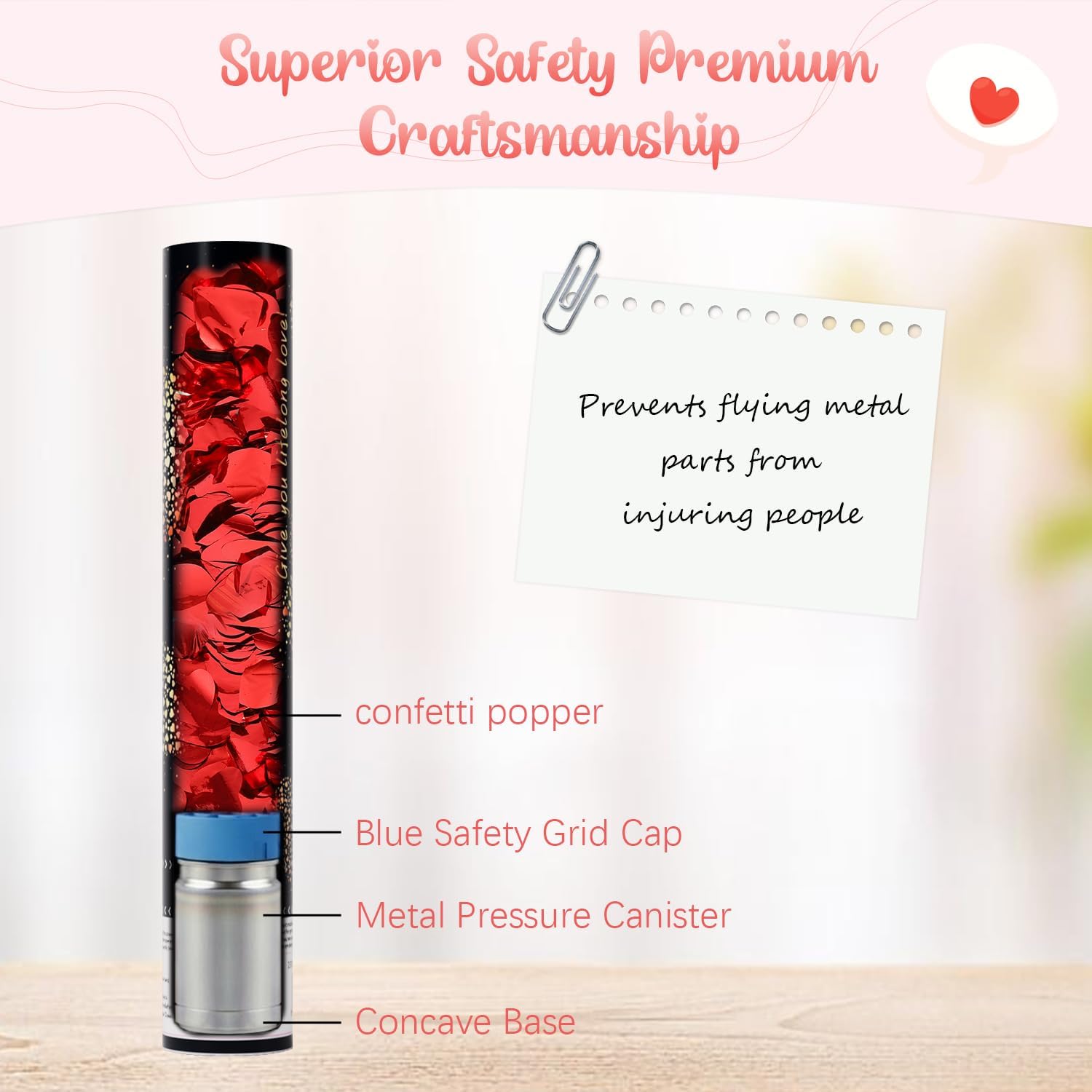 Red Heart Confetti Cannons 12 Pack, 12" Romantic Party Poppers with Metallic & Tissue Red Confetti for Valentine’s Day, Engagement, Wedding, Anniversary, Bridal Shower & Bachelorette Celebrations