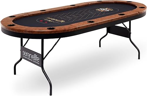SereneLife Player - Póker plegable ovalado, mesa Texas Holdem, con riel acolchado resistente al agua, 10 portavasos, superficie de fieltro marrón,