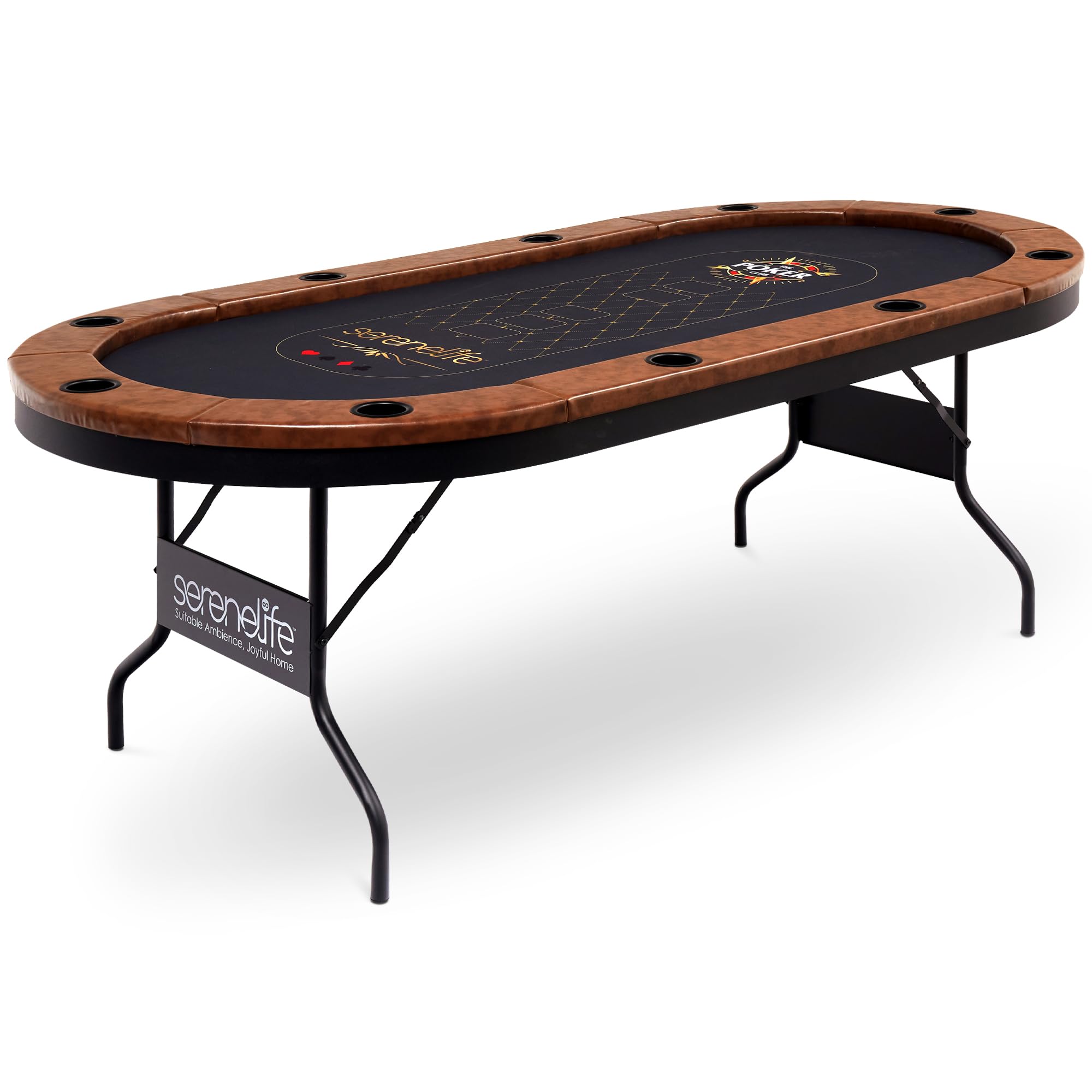 SereneLife 10- Player Oval Foldable Poker Table, Casino Leisure Texas Holdem Table, w/Water Resistant Cushioned Rail, 10 Cup Holders, Brown Felt Surface, Black Jack Board & Family Games (Black)