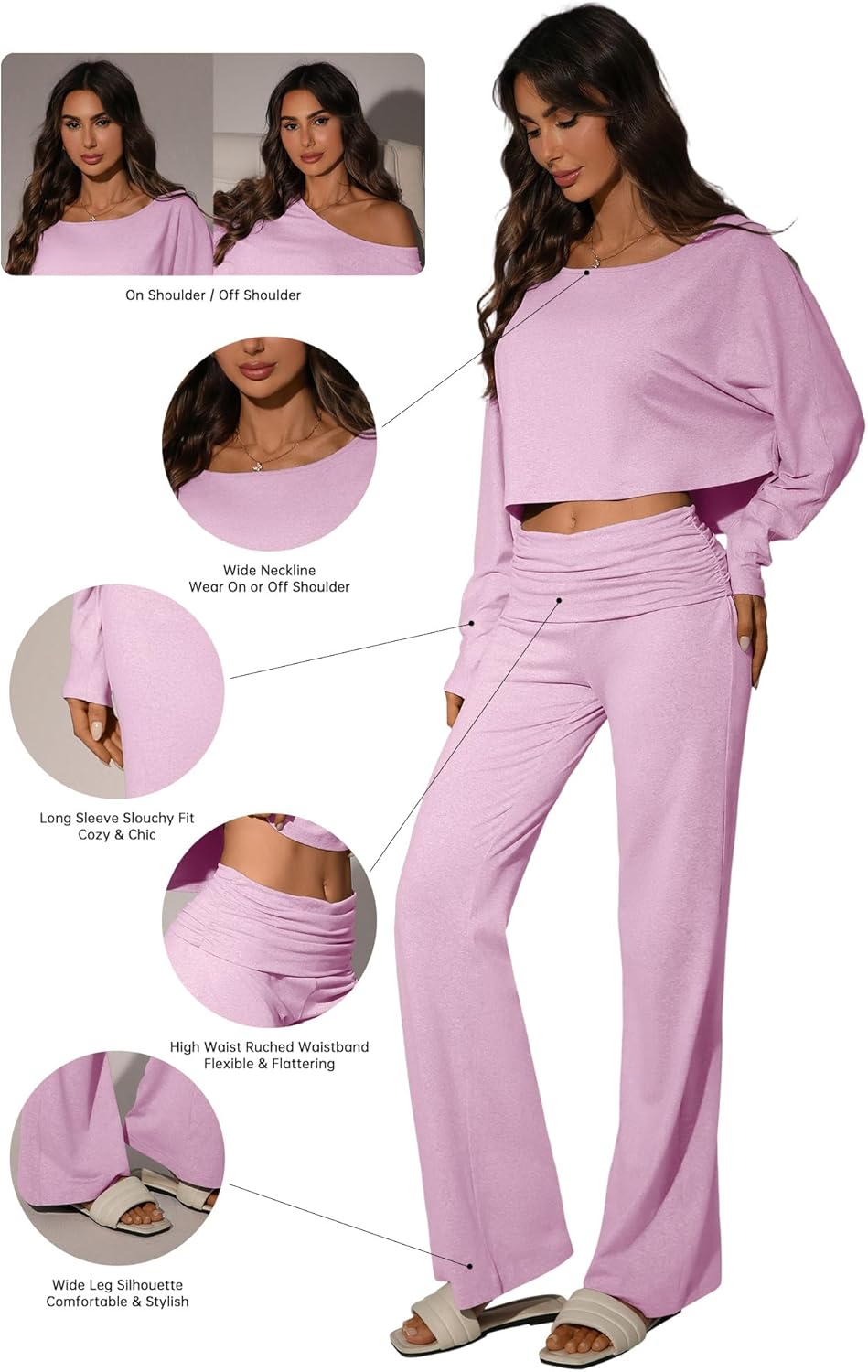 Women’s 2 Piece Lounge Set, Long Sleeve Off Shoulder Top & Wide Leg Pants – Soft, Stretchy Outfit for Home & Travel - Image 2