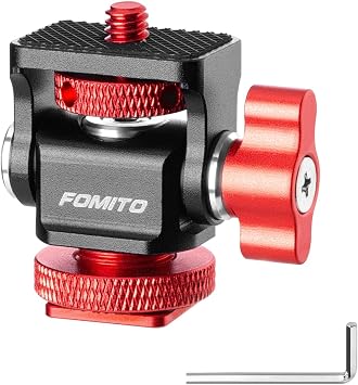 FOMITO Metal Camera Monitor Mount with 1/4" Serew and Cold Shoe, Rotary Adapter 360 Swivel Universal for Flash Speedlite, Field Monitor, LED Video Light, Microphone,etc - Red Color