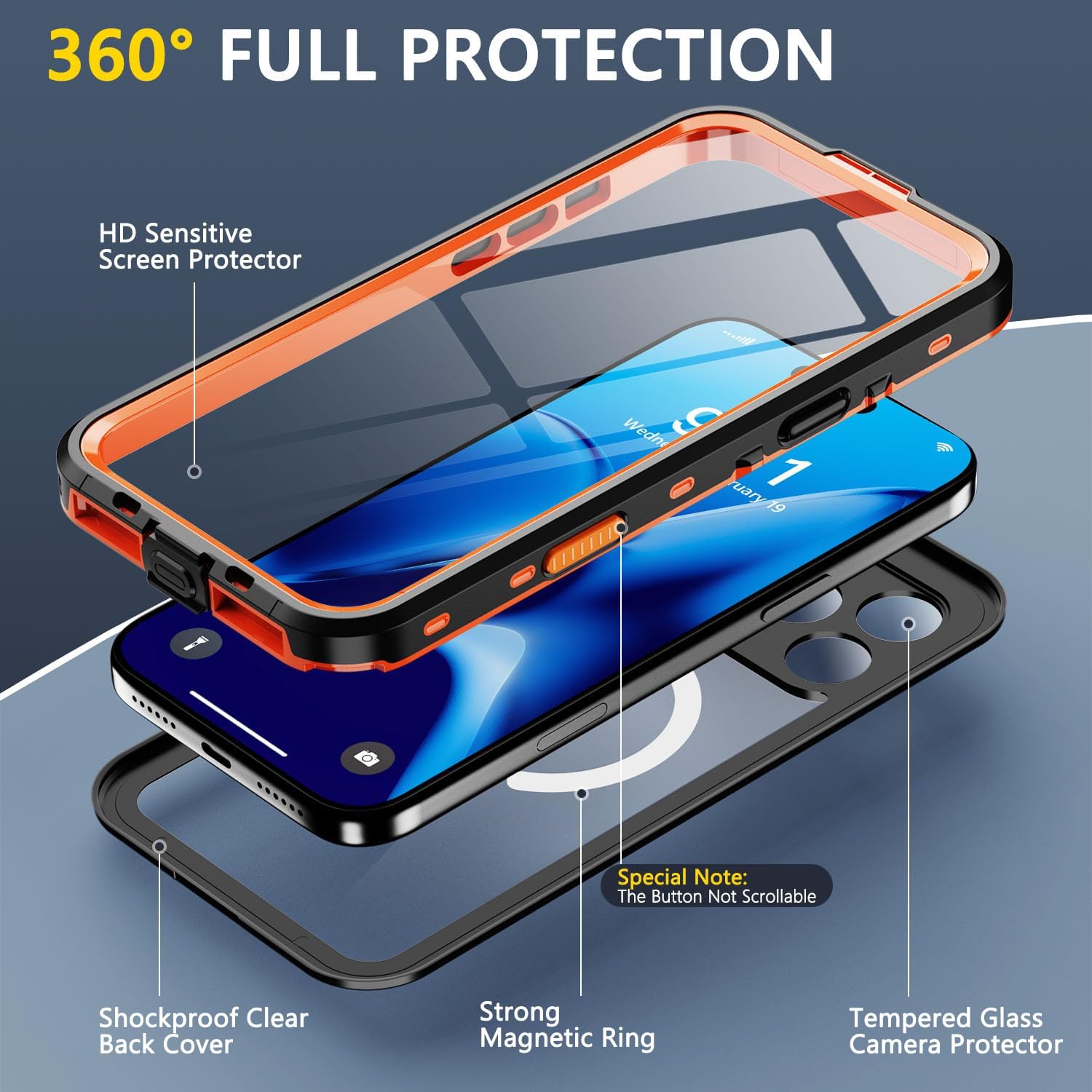 Magnetic for iPhone 17 Pro Case - IP68 Waterproof, Built in Lens &Screen Protector, 12FT Military Drop Proof, Dust Proof, Full Body Protection Shockproof Phone Cover Orange