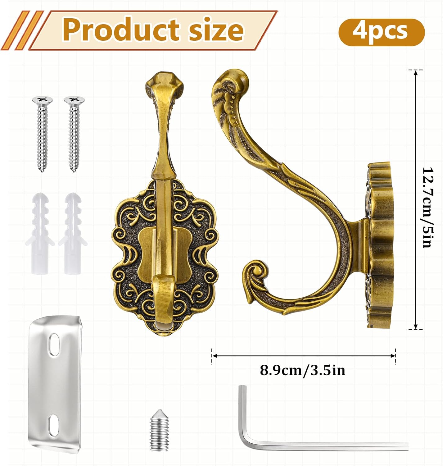 Dimeho 4pcs Vintage Brass Coat Hooks Antique Brass Wall Hooks Gold Decorative Towel Hook Wall Mounted Hanger Rust Resistant Wall Hook for Key Bags Hat Scarves Clothes Entryway Bedroom Bathroom