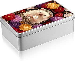 Metal Tin Box with Lid, Rectangular Silver Metal Storage Container, 7.09"×4.33"×2.17" Gift Decorative Empty Box, Floral Hedgehog Haven