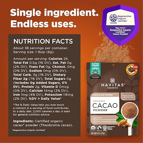 Vista 2 de Navitas Organics Cacao Powder - Cocoa Powder Substitute 1:1, For Hot Chocolate, Baking & More - Regenerative Organic Certified, Non GMO, Fairtrade