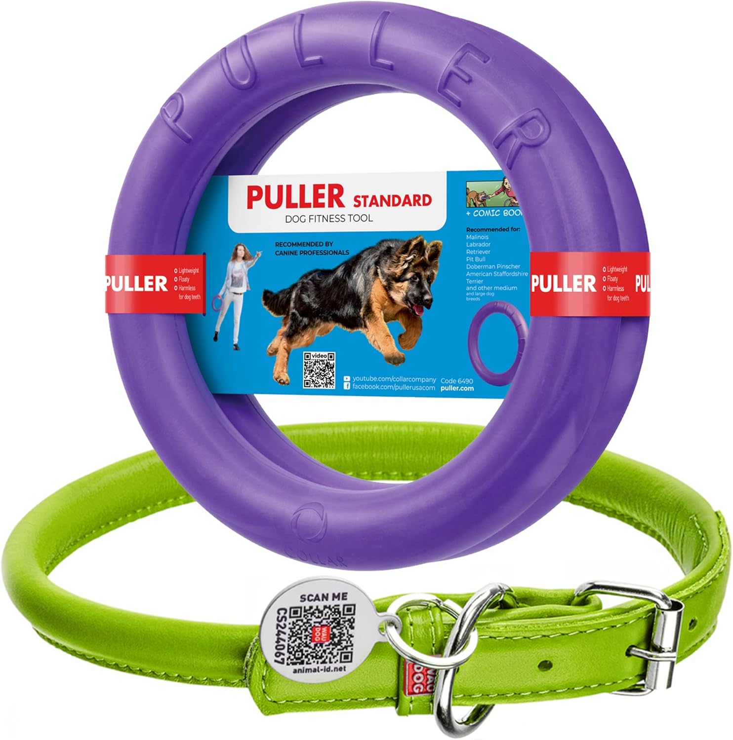 Rolled Leather Dog Collar Green 18" - 21" Neck/Puller Dog Toy Standard