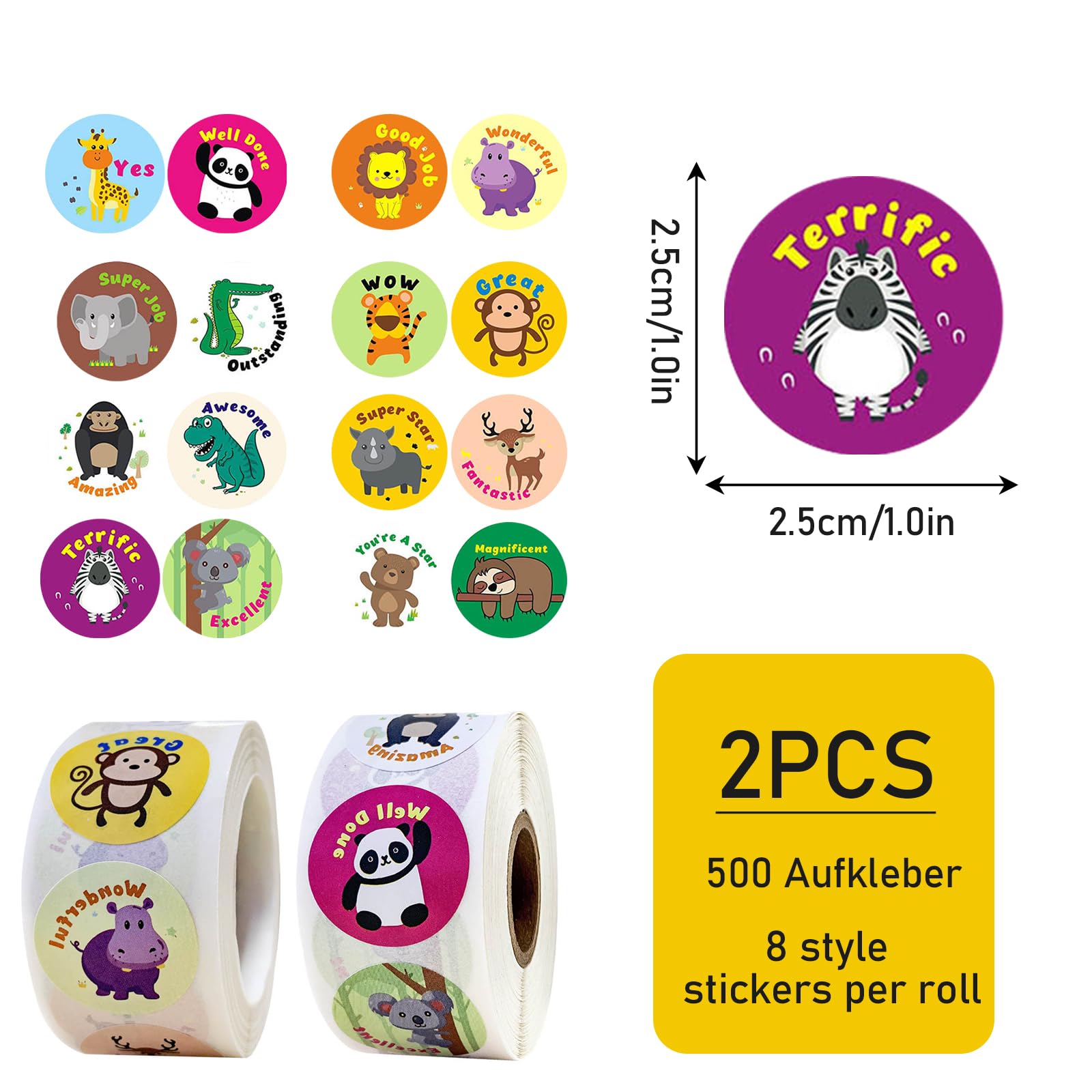 1000 Adesivi Animali Per Bambini - Rotoli Adesivi Rotondi Per Ricompense, Scuola E Feste