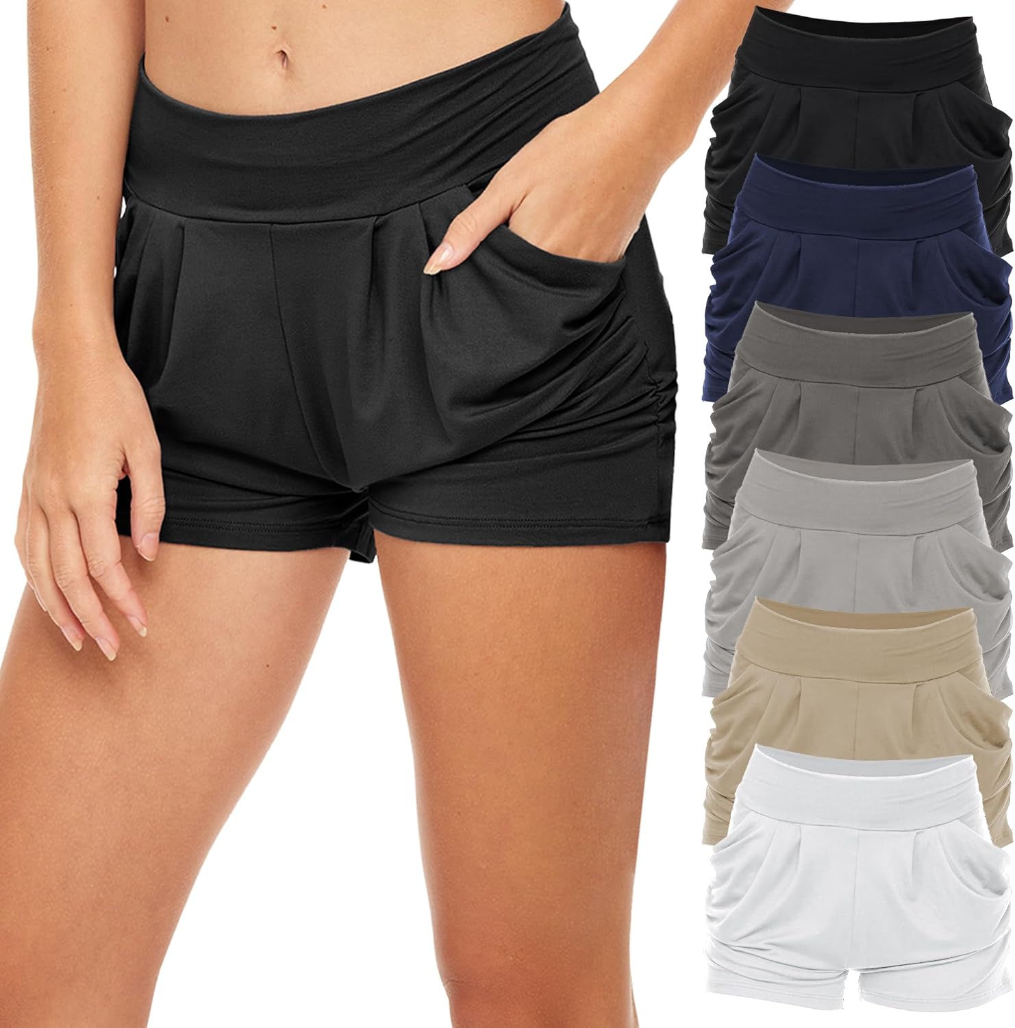 Sexy Basics Womens 6 Pack Ultra Soft High Waisted Harem Shorts with Pockets