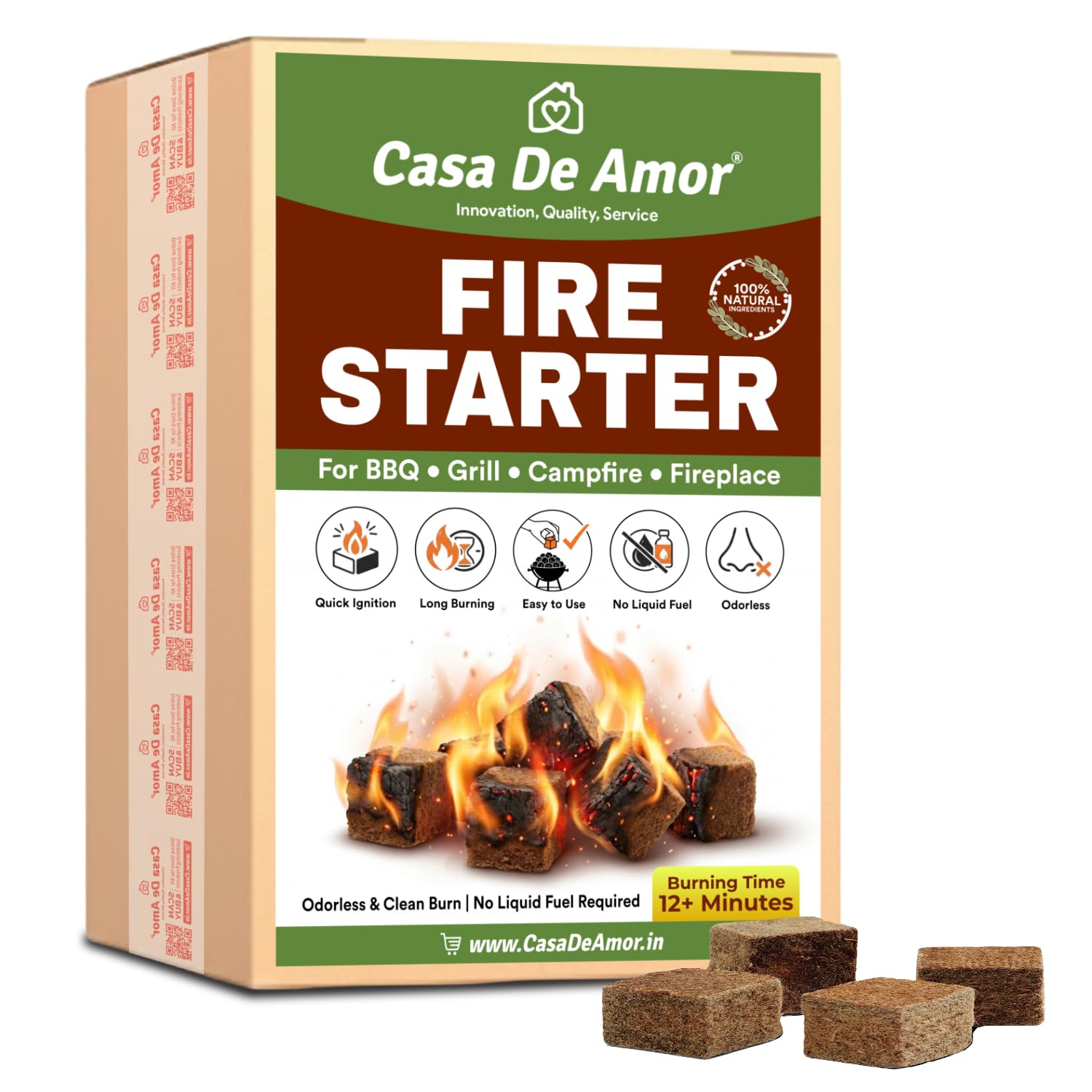 Casa De Amor Natural Fire Starter Cubes for BBQ, Grill, Campfire & Fireplace | Quick & Easy Ignition | Long Burning Lighter Cubes | Odorless & Safe | Pack of Fire Lighting Cubes (1 Pack (12 pcs))