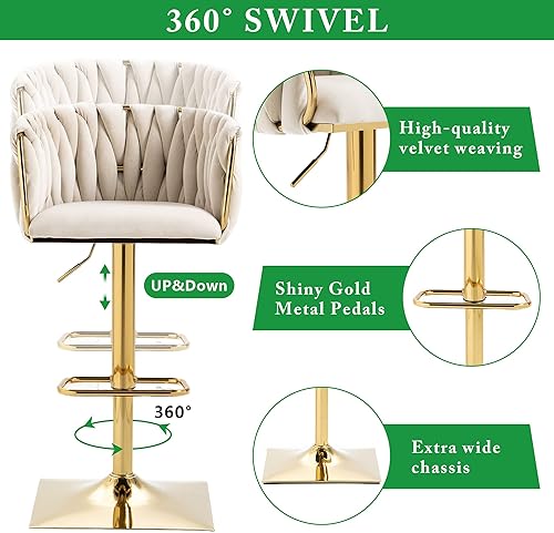 Miniatura 41 de SZLIZCCC Taburete de bar ajustable de terciopelo moderno, taburete de bar giratorio de 360 grados, taburete de isla de cocina curvado con respaldo