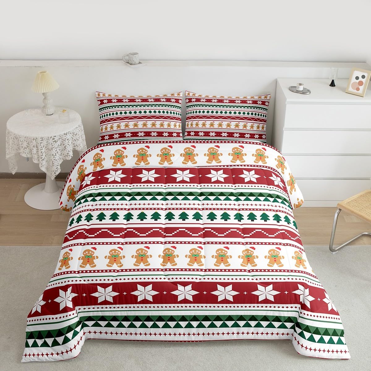 Feelyou Merry Christmas Bedding Set Soft for Boys Girls, Gingerbread Man Comforter Set Queen Size Duvet Quilt Microfiber Striped Bedroom Decor 3 Pcs with 2 Pillow Cases
