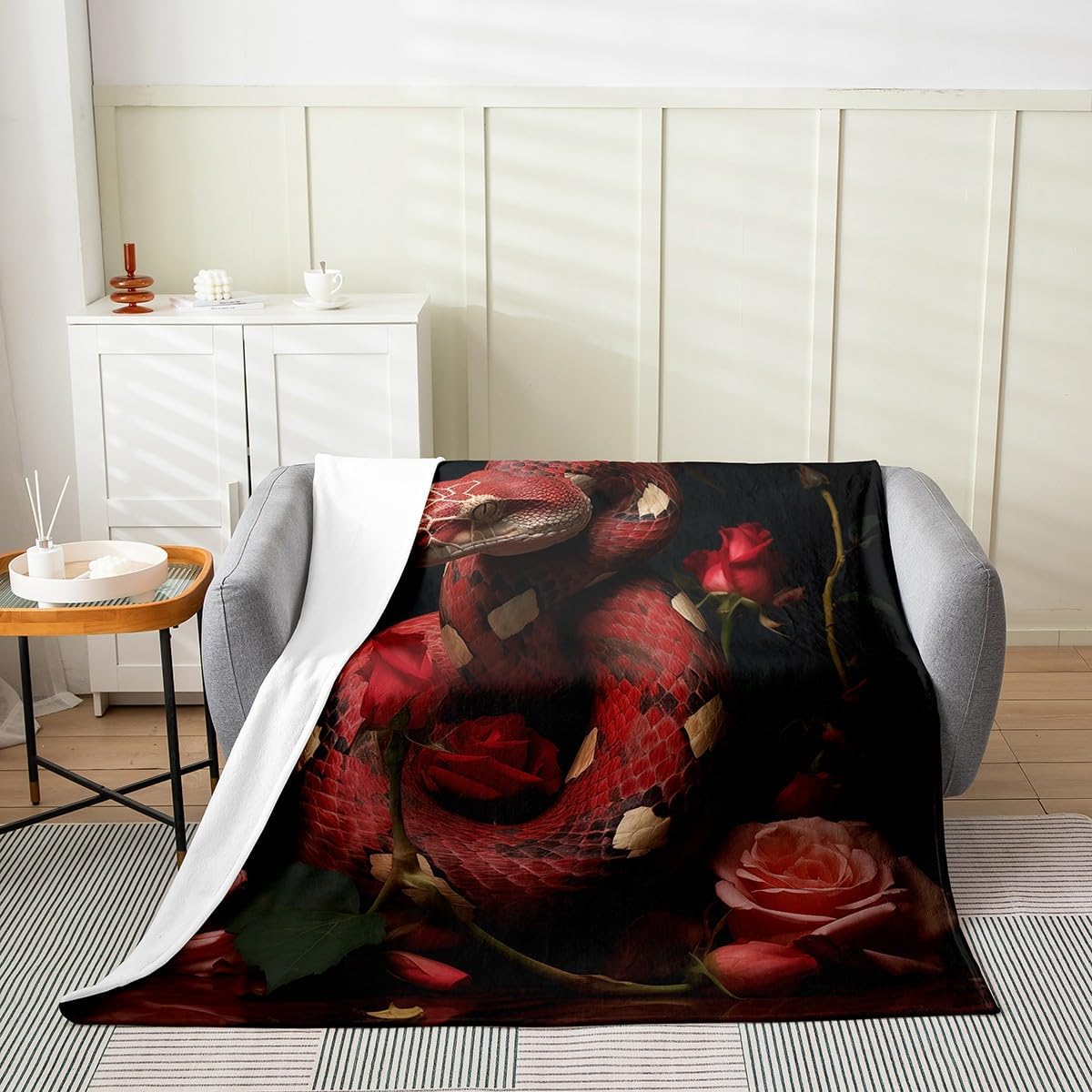 Erosebridal Kids Boys Snake Queen 90x90 Blanket Red Snake Fuzzy Blanket for Adult Teens 3D Reptile Fleece Blanket Pink Rose Floral Sherpa Blanket for Bedroom Living Room,Luxury Soft