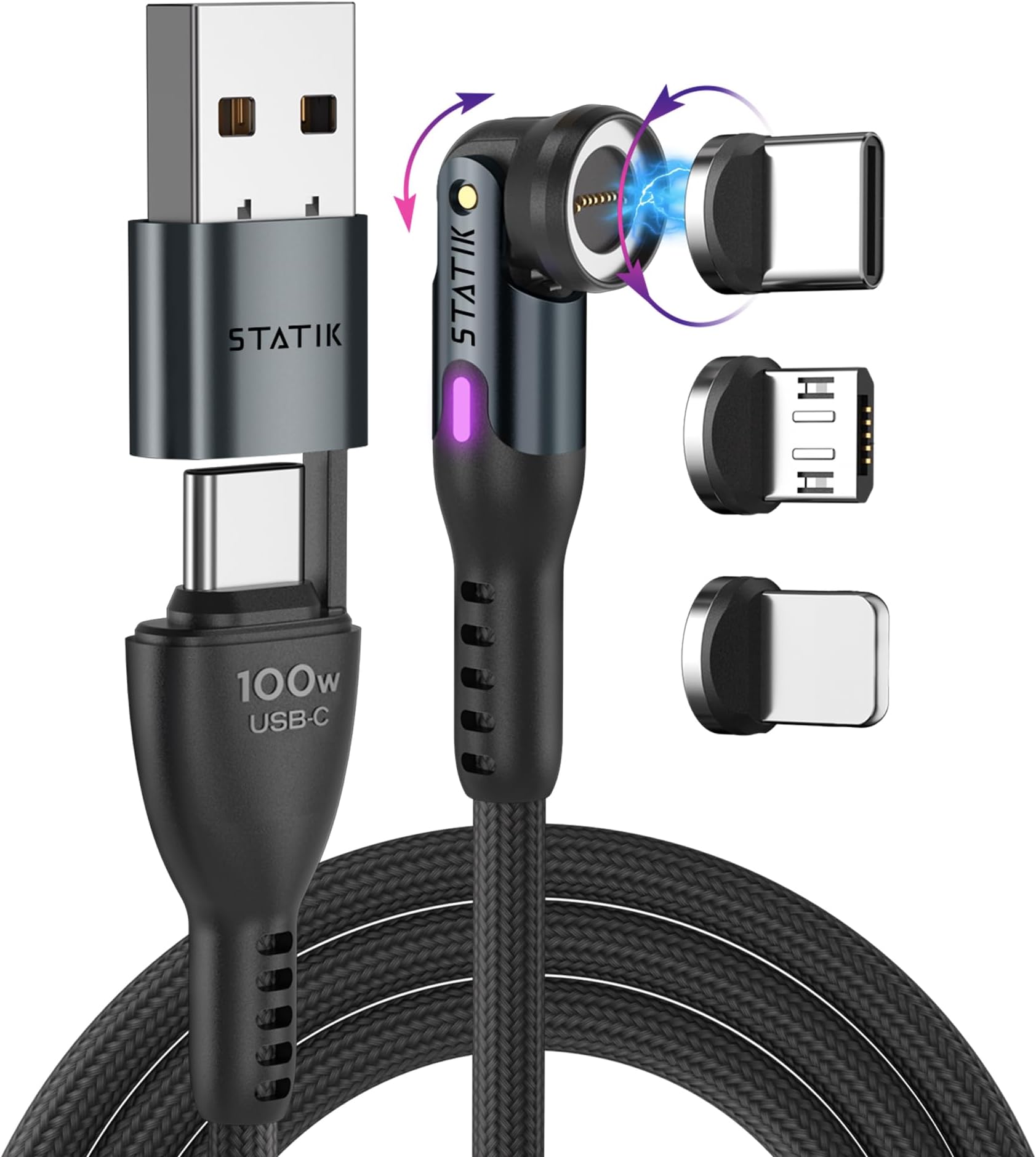 Statik 360 Pro Magnetic Charging Cable - Type C Charger Fast Charging 3 in 1 USB C to USB C Cable, Micro USB & iProduct Tips, USB A Adapter, Fits All Devices - 100W Fast Charger, Black 10FT/3M