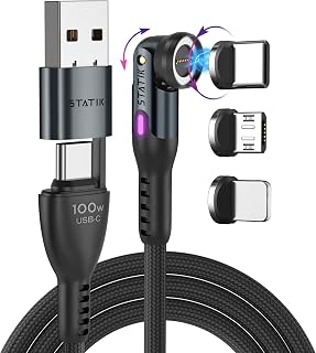 STATIK 360 Pro Magnetic Charging Cable - Fast Charger USB C Charger Cable, Phone Charger 3 in 1 USB C to USB C, Micro USB & iProduct Tips, USB A Adapter - 100W Black 6FT/2M