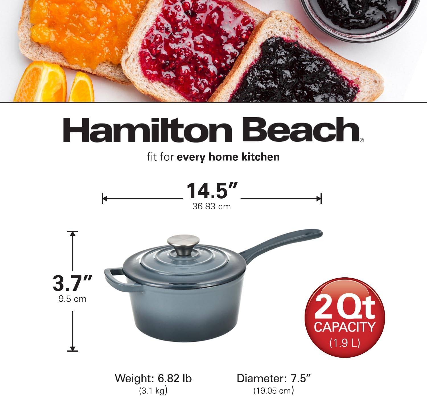 Hamilton Beach Enameled Cast Iron Sauce Pan 2-Quart Slate, Cream Enamel coating, Pot For Stove top and Oven Cooking, Even Heat Distribution, Safe Up to 400 Degrees, Durable