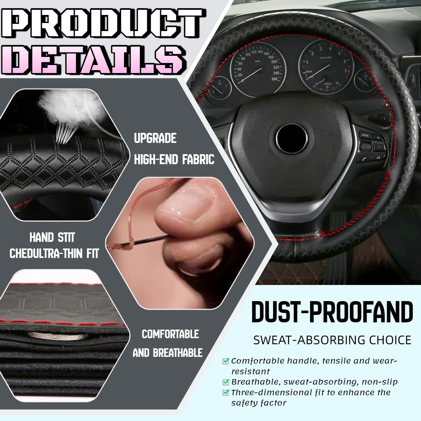 Car Steering Wheel Cover Universal Fit Round Stitch Steering Wheel Wrap Thin PU Leather Steering Wheel Cover Sewn on 15" Car Wheel (Coffee)