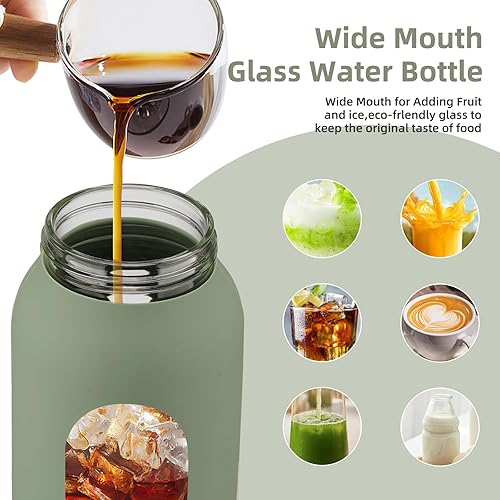 Miniatura 5 de Botella de agua de vidrio de 32 onzas con 2 tapas, tapa de popote y tapa de bambú, vaso motivacional de 1 litro, marcador de tiempo, botellas de