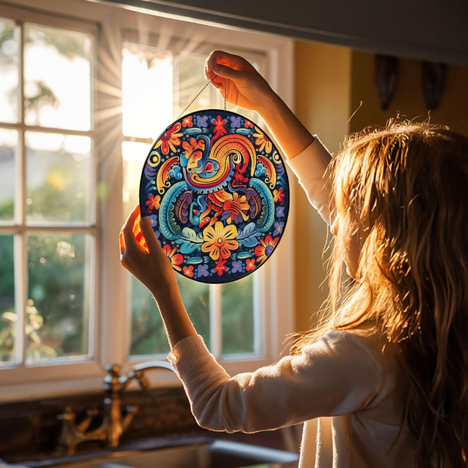 4in Stained Glass Window Hanging,Window Suncatcher Glass Panel with Metal Chain Mexican Sun Catchers Wall Art Home Decor Gift for Women Mother's Day