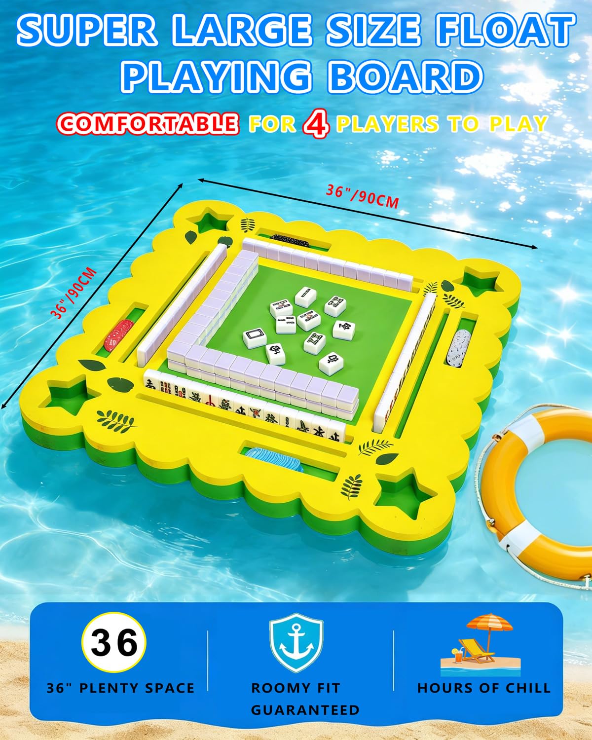 Photo 1 of Eolzzi 36" Foldable Floating Mahjong Table for Pool, Waterproof Portable Stable Pool Game Table, Floating Board Pool Game Tray Ideal for Friends Gatherings, Pool Summer Party, Lemon