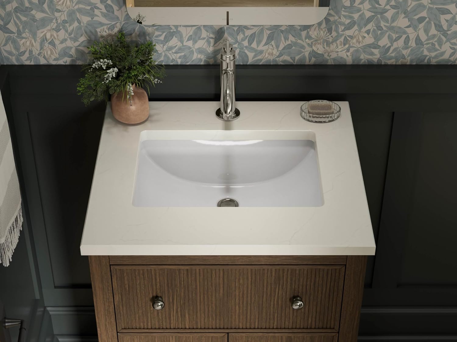 KOHLER 35018-DAK Malin by studio mcgee 24 in. bathroom vanity cabinet with sink and quartz top, Draper Oak