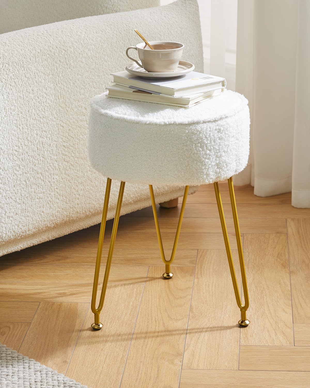 IBUYKE Teddy Velvet Round Footrest Stool Ottoman, Makeup Vanity Stool Side Table, Velvet Dressing Table Seat, Pouf Couch Stool, for Living Room Bedroom, White WBD009W