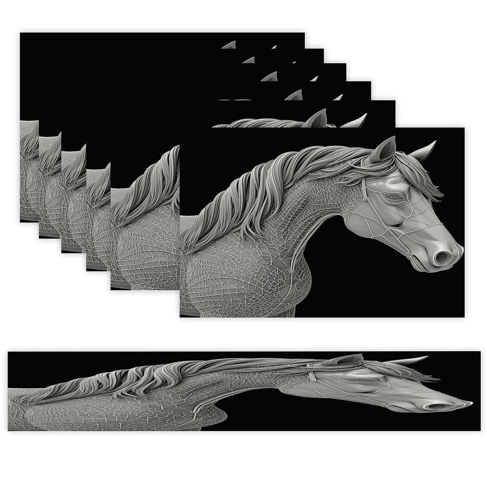 3D View Horse Table Runner and Placemats Set of 6 Wipe Clean Heat Resistant Table Mat with Table Runner Decorations Flax Linen Place Mat Set for Home Kitchen Party Supplies