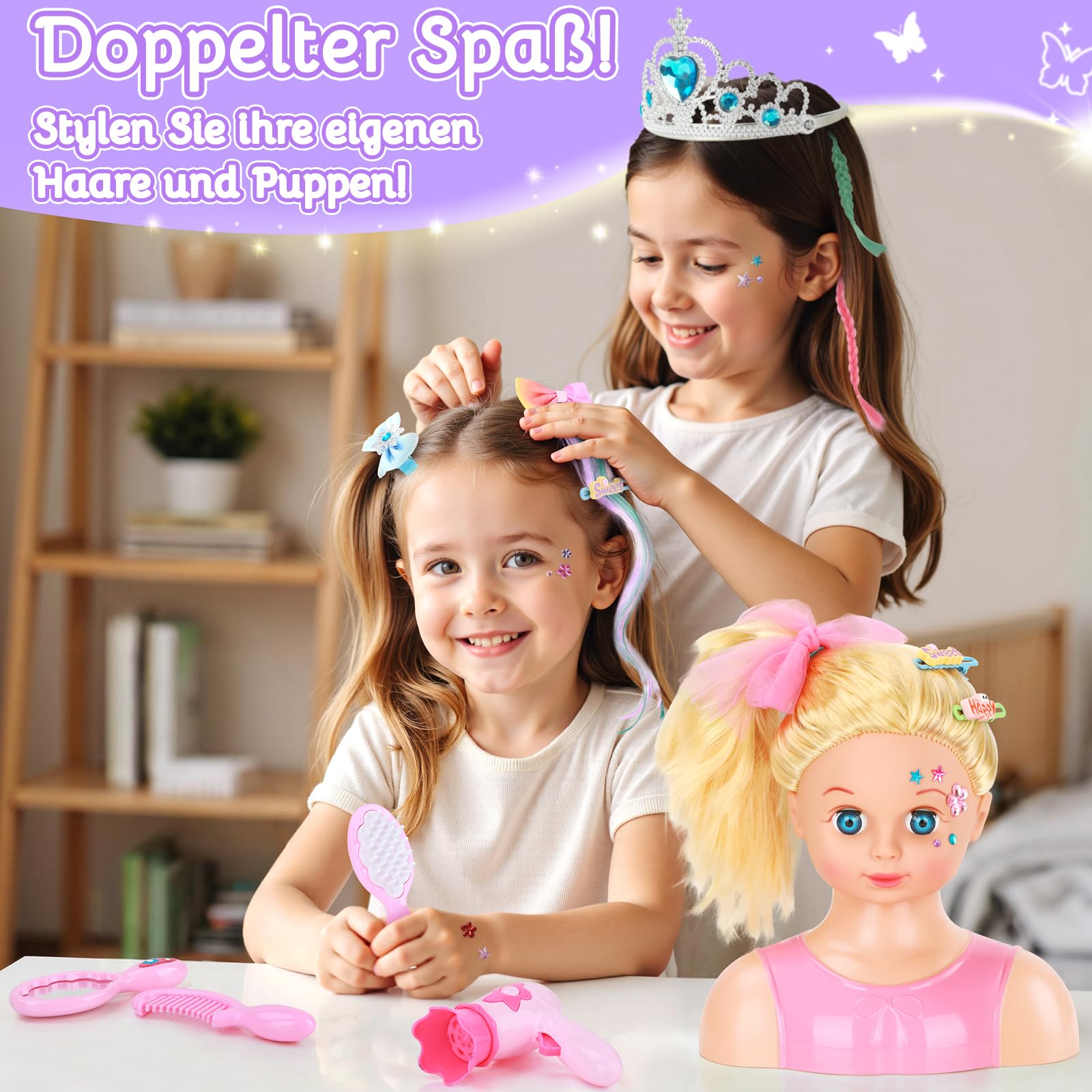 Frisierkopf Kinder Set mit Haarverlängerungen, Haarzubehör & Waschbare Kreide - Schminkkopf für Mädchen ab 3 4 5 6 Jahre, Puppenkopf Zum Frisieren Kinder, Weihnachten Geburtstag Geschenke Spielzeug