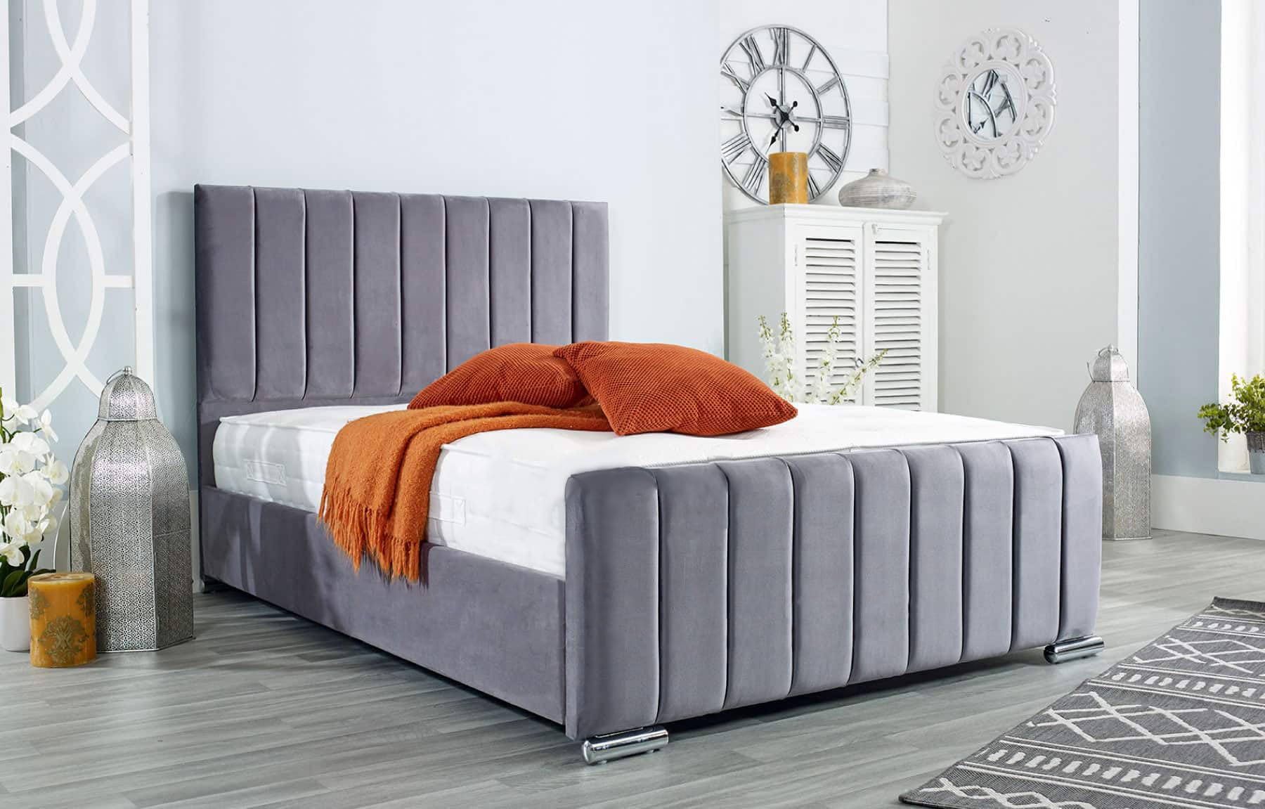 AuGold Beds Upholstered Panel Line 3FT Single Bed – Luxurious Grey Plush Bed Frame with Headboard & Footboard – Durable Modern Panel Design for Stylish Compact Bedrooms (Single)