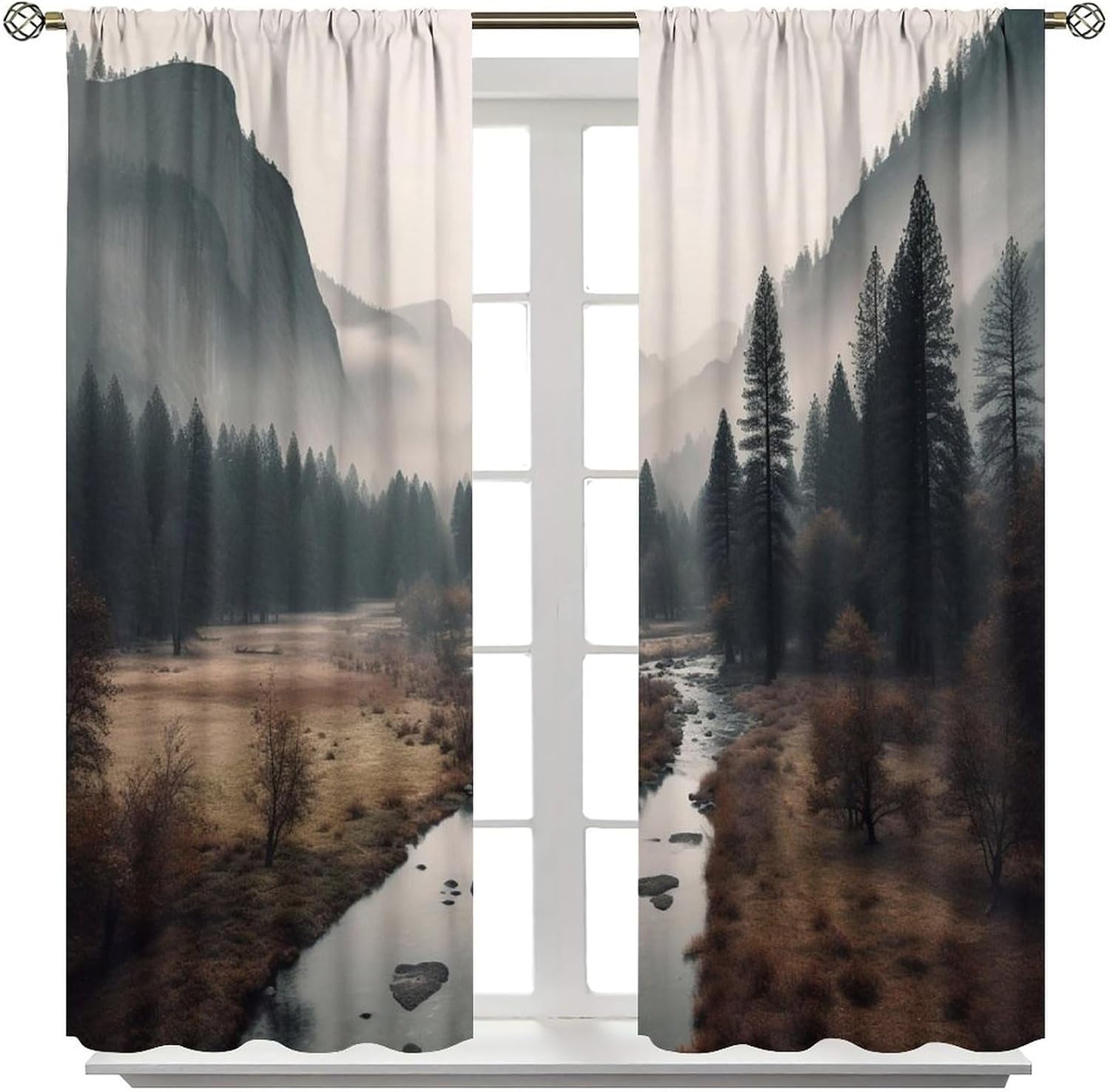 Foggy Forest Curtains, Mystic Natural Rustic Autumn Scenery Pine Tree Jungle Mountain Woodland View Window Treatments, Blackout Rod Pocket Drapes For Living Room Bedroom Bathroom Kitchen 42x45in