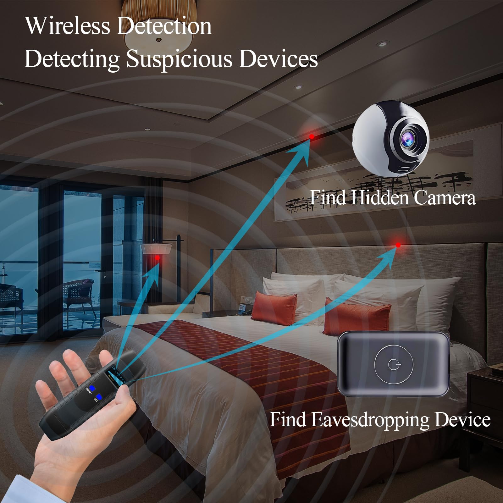 Wanzen Detektor & Kamera Finder, Kompakter RF Scanner mit Magnetischem Tracker Finder, Infrarot-Lasersuche und Taschenlampe für Hotel, Auto, Büro, Umkleide und Reisen