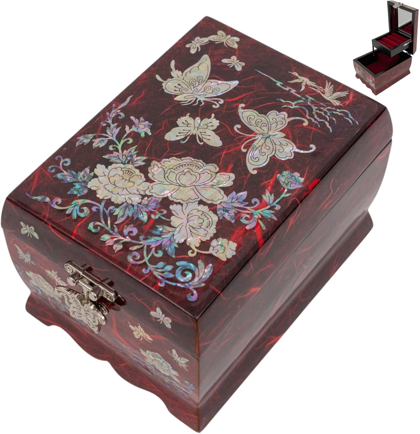 February Mountain Mother of Pearl Jewelry Music Box with Arirang Melody - Korean Traditional Lacquerware, 2-Tier Storage with Mirror & Lift-Up Tray - Luxury Keepsake Gift for Women (Butterfly - Red)