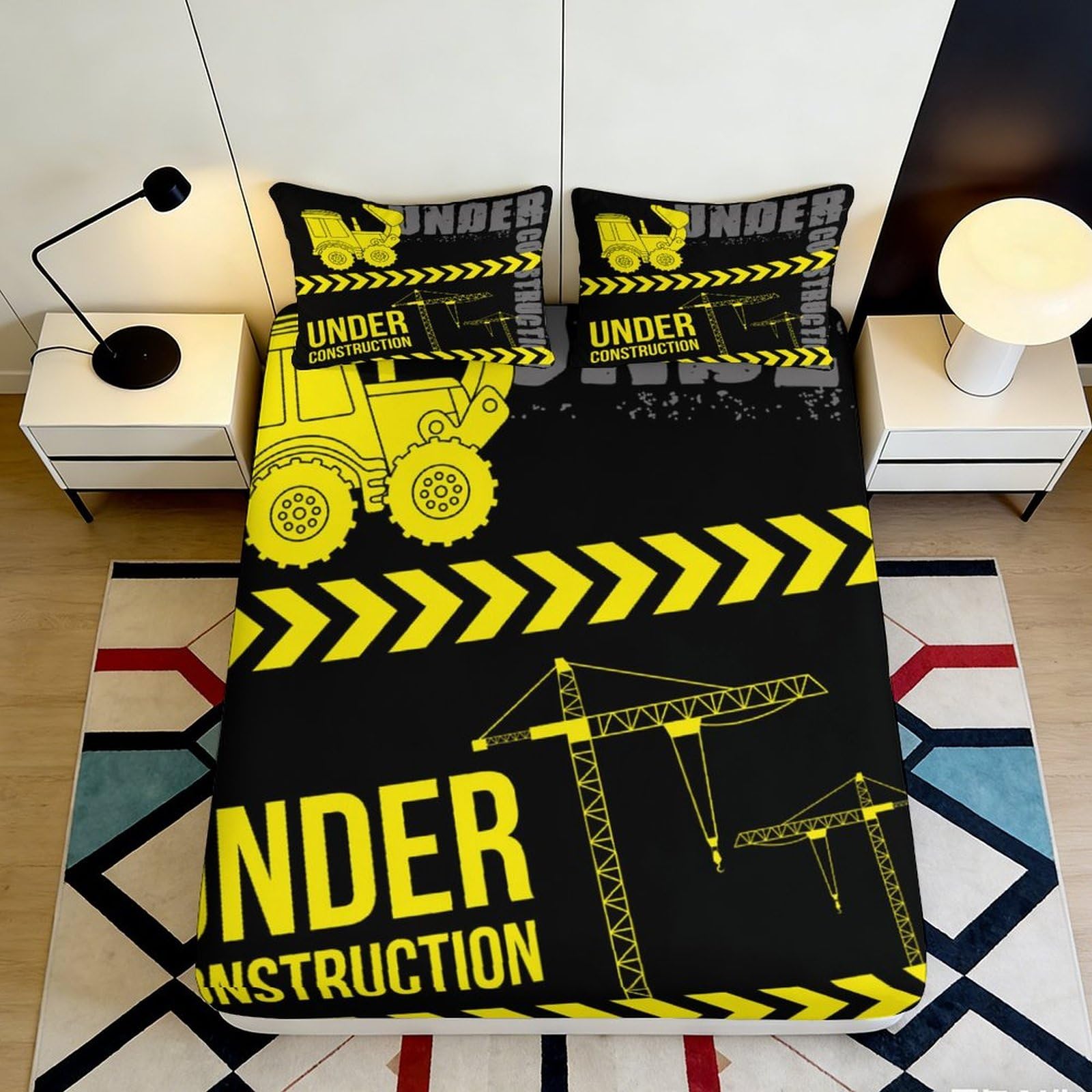 3D Printed Construction Truck Fitted Sheet Microfiber Black Yellow Crane Mattress Cover for Bedroom Dorm Protector Decor 160x200x25cm