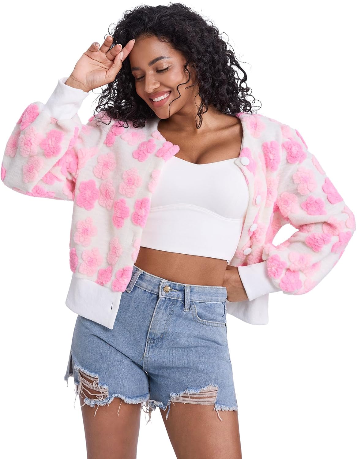 Flygo Women's Cropped Floral Print Bomber Jacket Warm Fleece Varsity Jacket Casual Button Down Puff Sleeve Coat Outerwear - Image 2