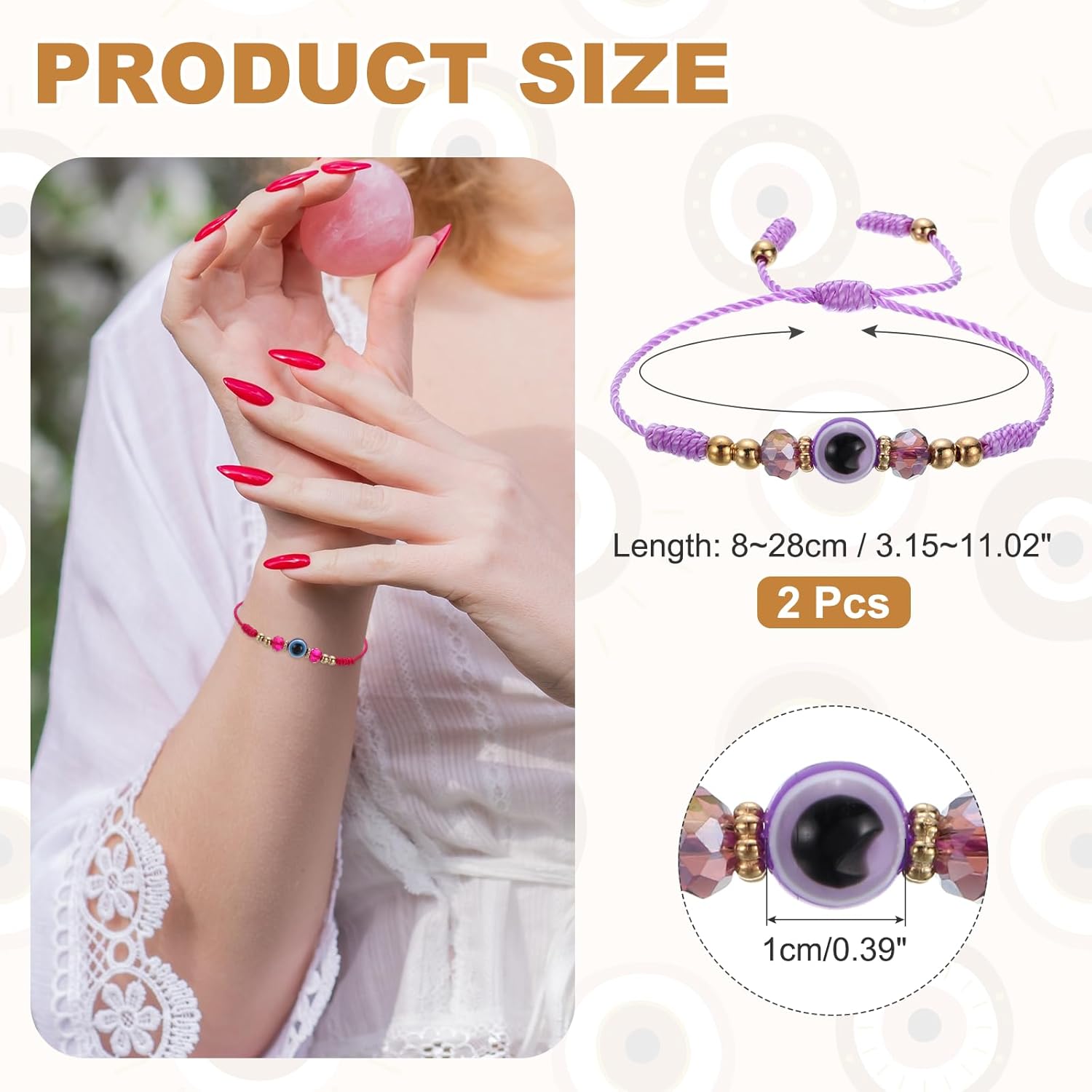 MECCANIXITY Purple Evil Eye Bracelets for Women Men Family 2 Pcs Adjustable String Good Luck Protection Handmade Eye Bracelet Blessing Jewelry - Image 2