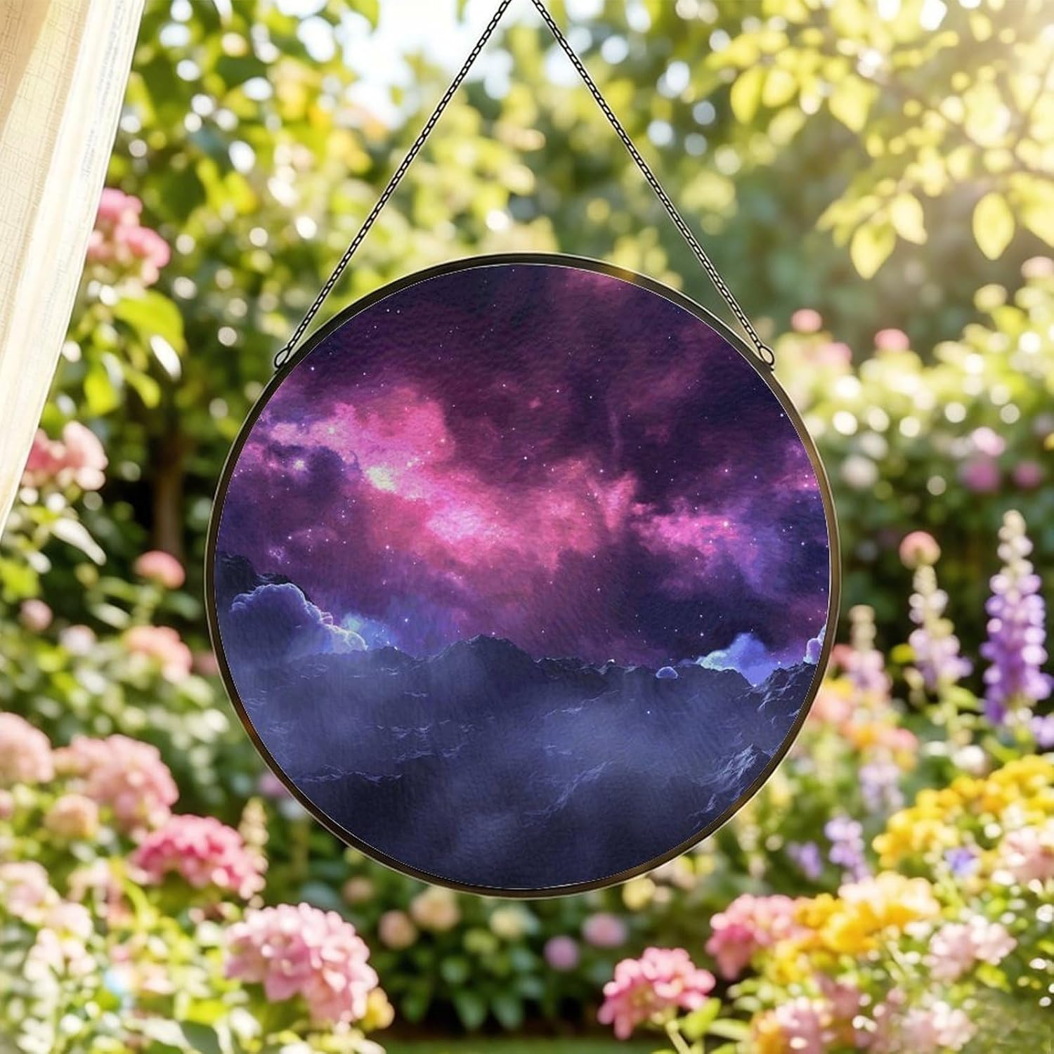 30x30cm Round Stained Glass Suncatcher for Window Hanging Decor with Chain