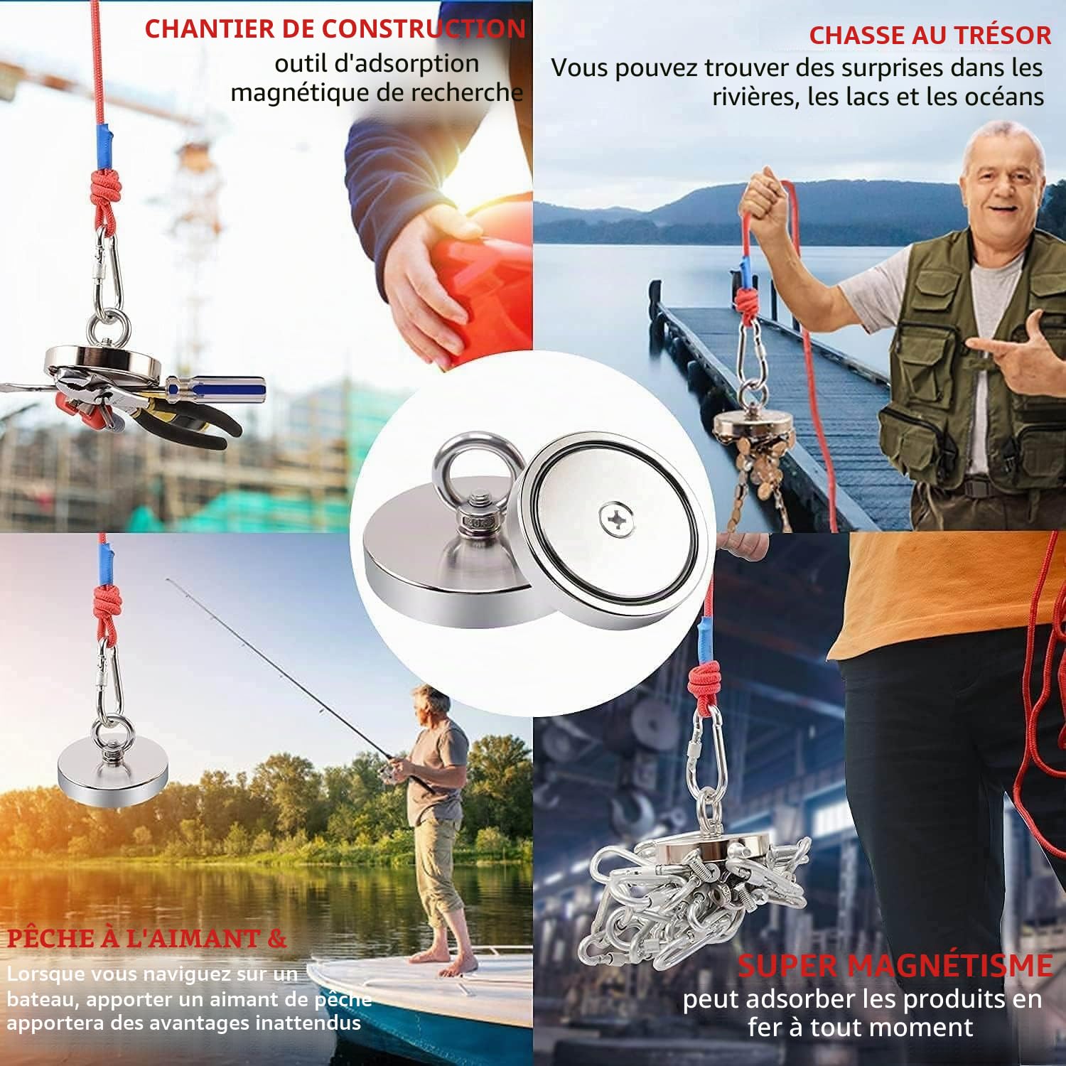 MIN CI Aimants puissants de 60 mm - Crochet magnétique - 160 kg - En néodyme - Avec œillet - Aimant de pêche magnétique pour le camping