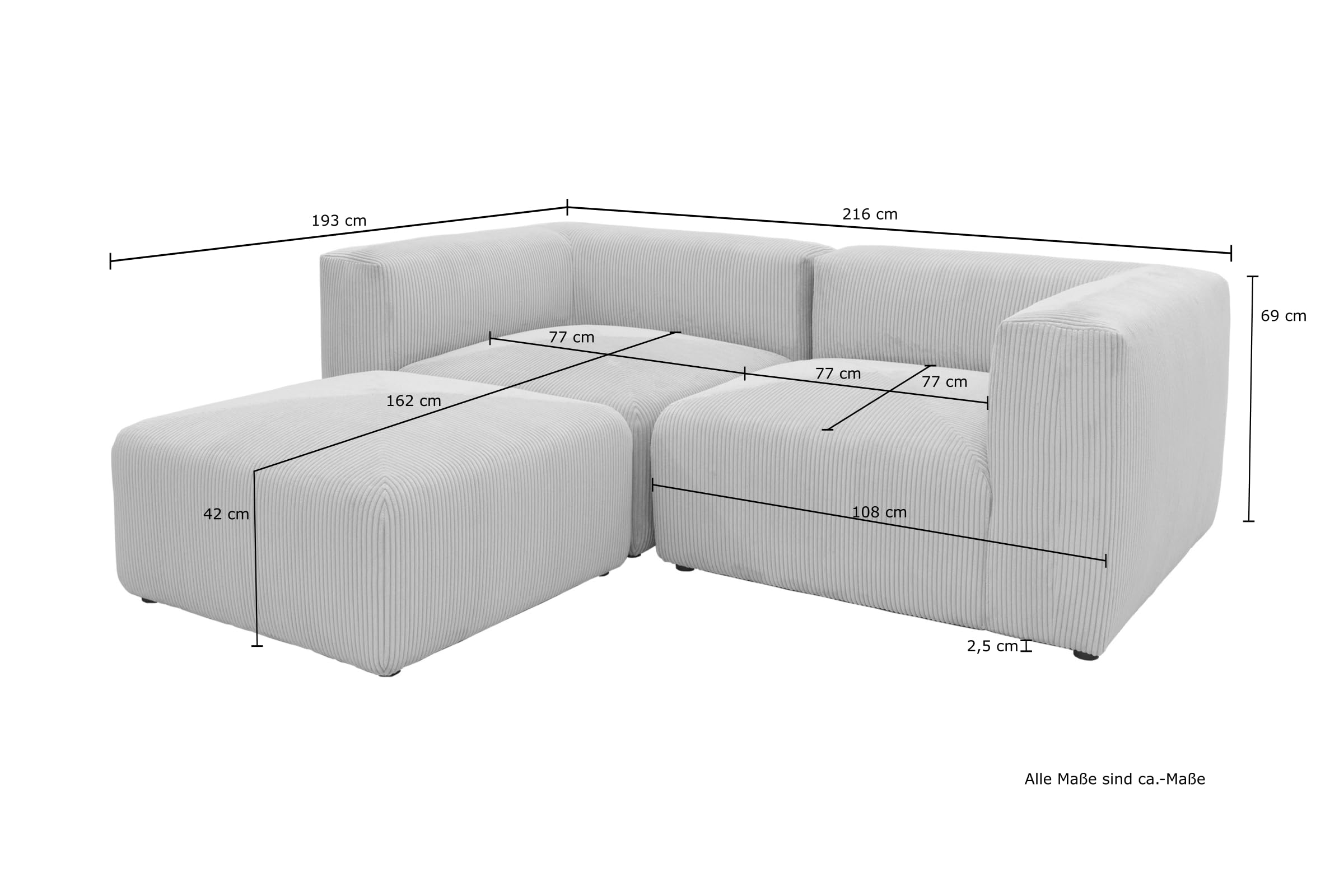 DOMO. collection Malia Canapé d'angle modulable en Velours côtelé en Forme de L composé de 2 fauteuils d'angle et 1 Tabouret rembourré, canapé modulaire, 3 éléments rembourrés, canapé d'angle, 216 x