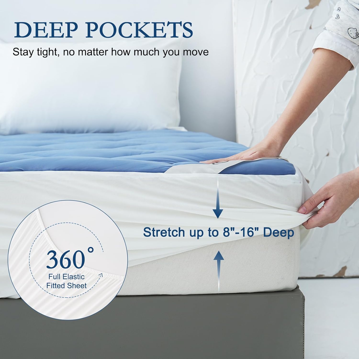 YOUR MOON Queen Size Cooling Mattress Pad, Cool Mattress Topper for Hot Sleepers, Soft Breathable Mattress Cover, Quilted Bed Pad Cover with Fitted Deep Pocket to 8-16 Inches, Blue,480GSM