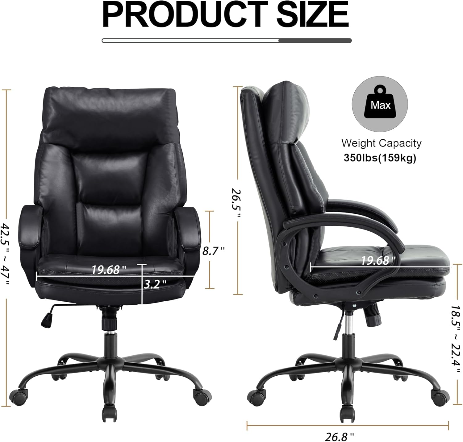 Leather Office Desk Chair Pack,Modern Ergonomic Conference Room Chairs,Adjustable Swivel Executive Computer Chair with Rocking Function,350lbs,Black (Black, Set of 1)