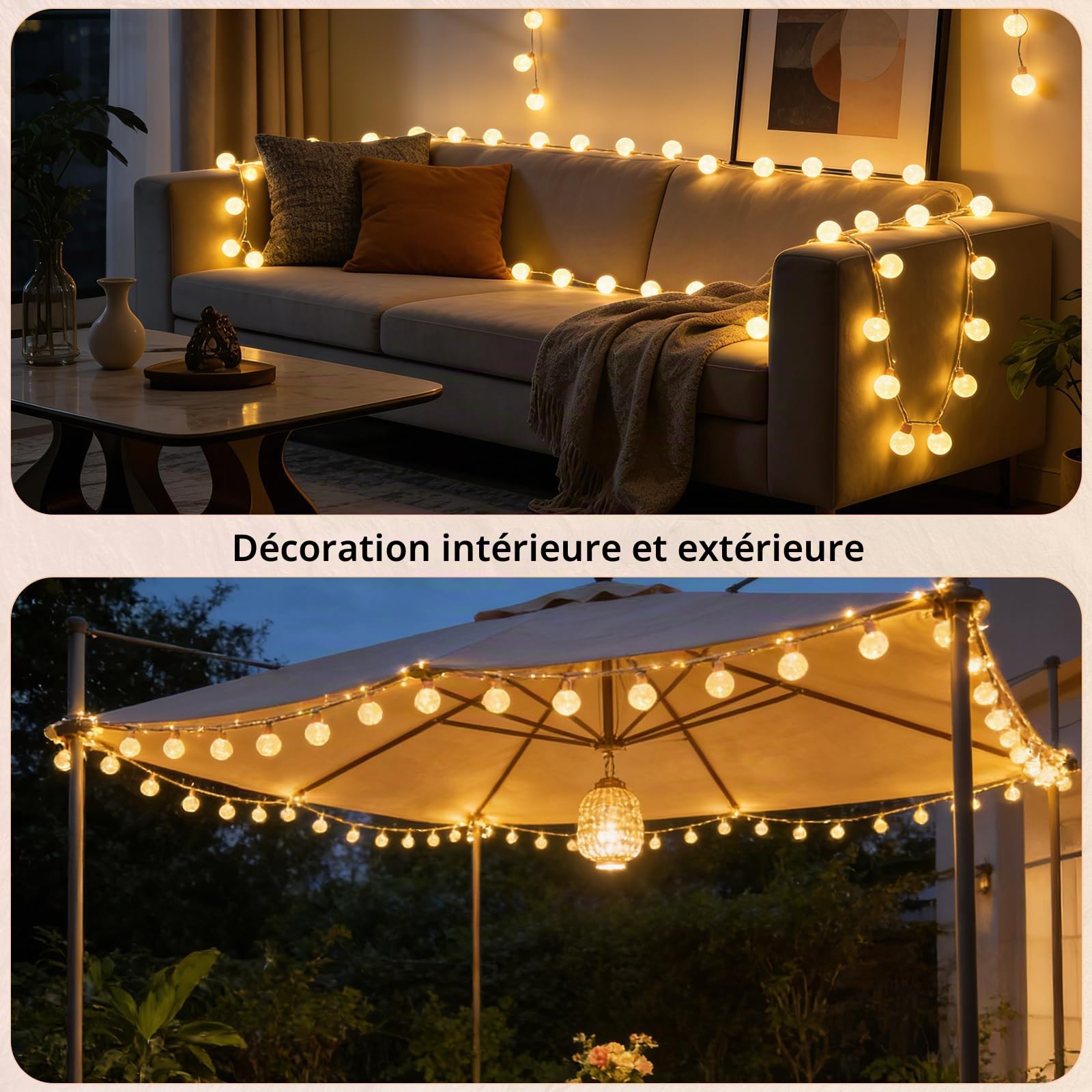 Guirlande lumineuse d'extérieur/d'intérieur avec prise, 8 m, 16 ampoules, 8 modes, intensité réglable, guirlande lumineuse à ampoules LED sphériques avec télécommande et minuterie, guirlande lumineuse
