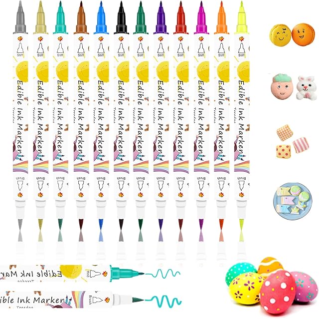 Edible Food Colouring Pens 12Pcs,Dual Sided Food Grade Icing Pens and Edible Markers with Fine&Thick Tip,Edible Food Pens Gourmet Writers for Cakes,Cookies,Fondant,Frosting,Easter Eggs,Desserts Decor
