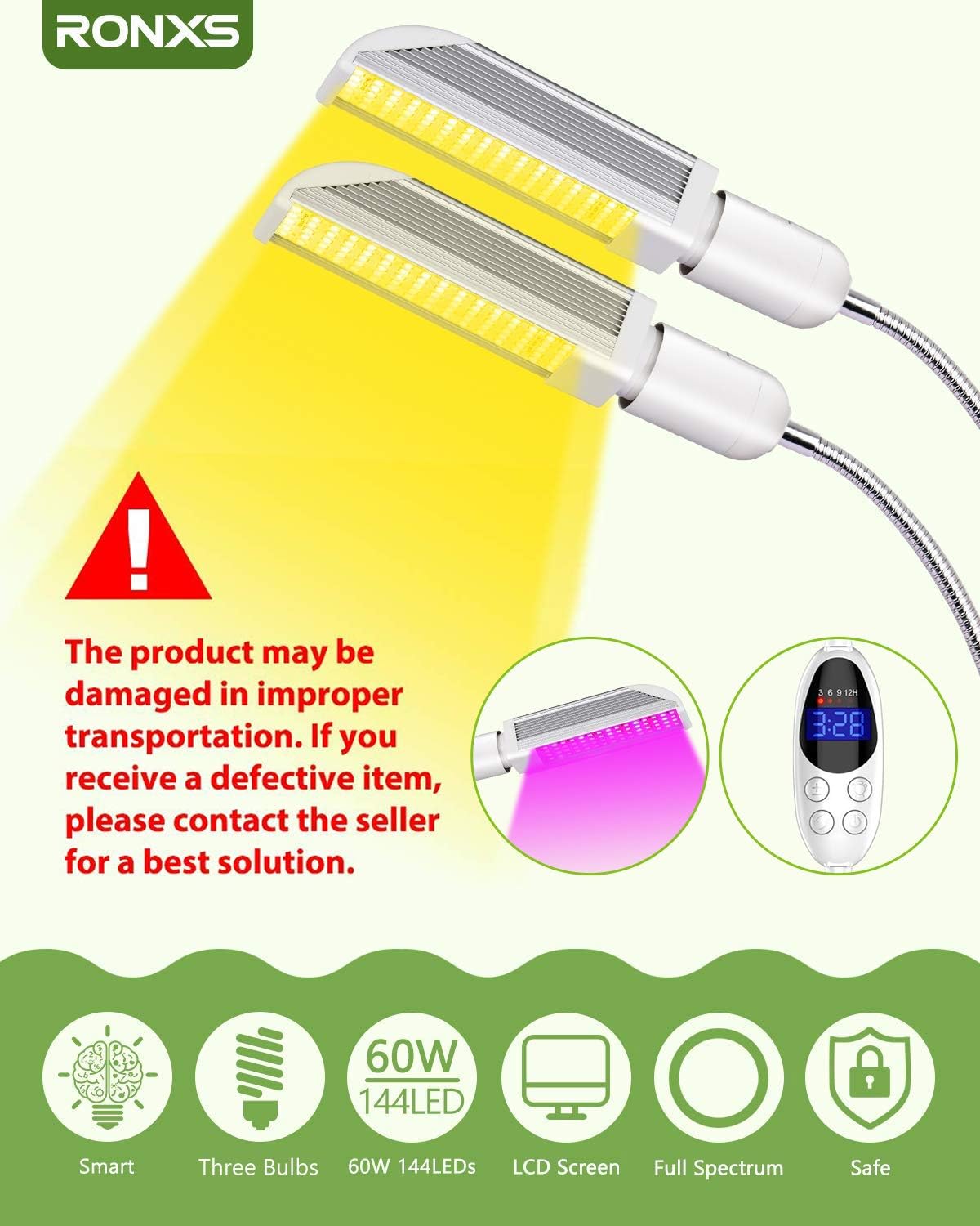 (Upgraded Version) RONXS Grow Light, Smart Timer LED Grow Lights for Indoor Plants, with Advanced Control Panel Visible Lighting Time Setting, 2 Sunlike Full Spectrum Grow Lamp, 1 Replacement Red&Blue