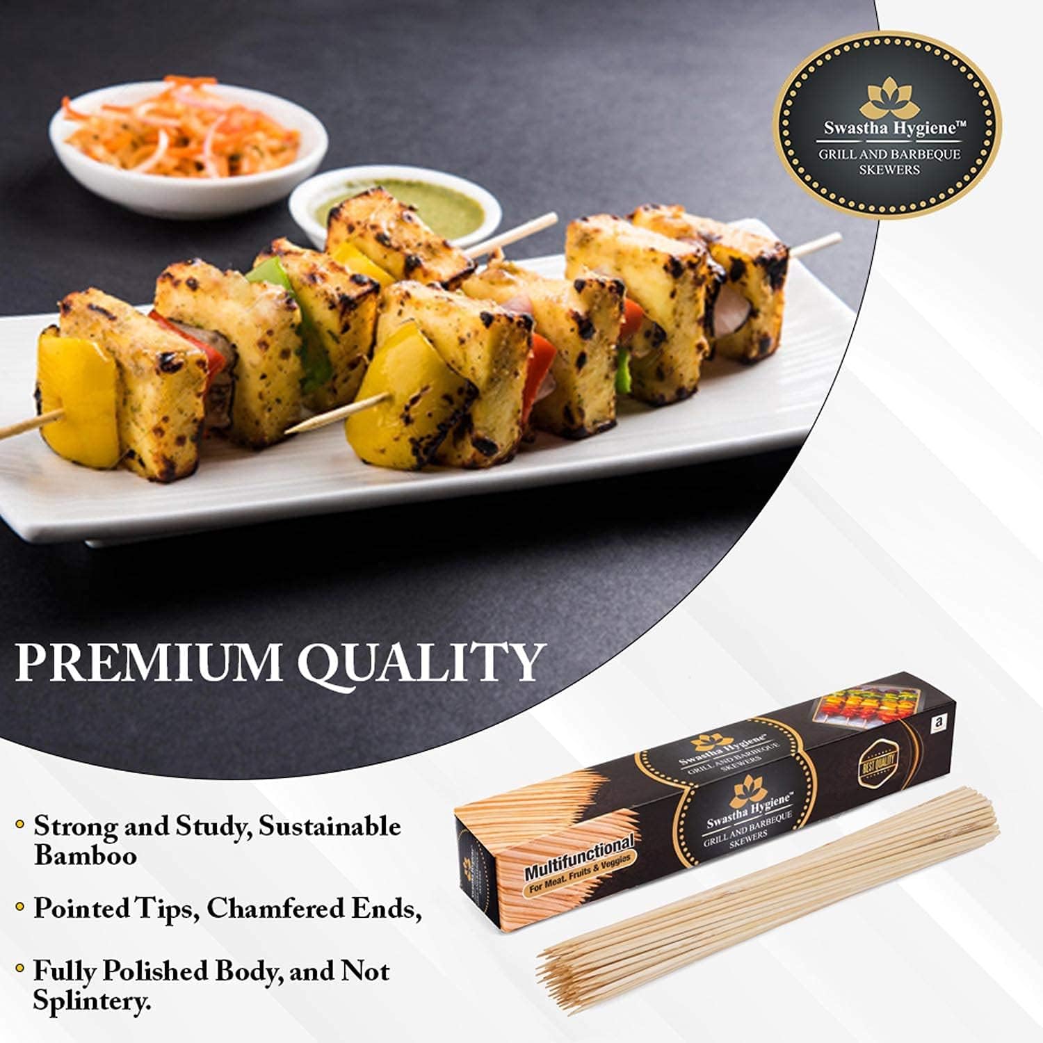 SWASTHA HYGIENE (4mm) Pack 120 Sticks Bamboo Skewers for Grill Kabab Burger Barbecue Sticks Potato Stick (4 * 200 MM 8 Inch, 120)