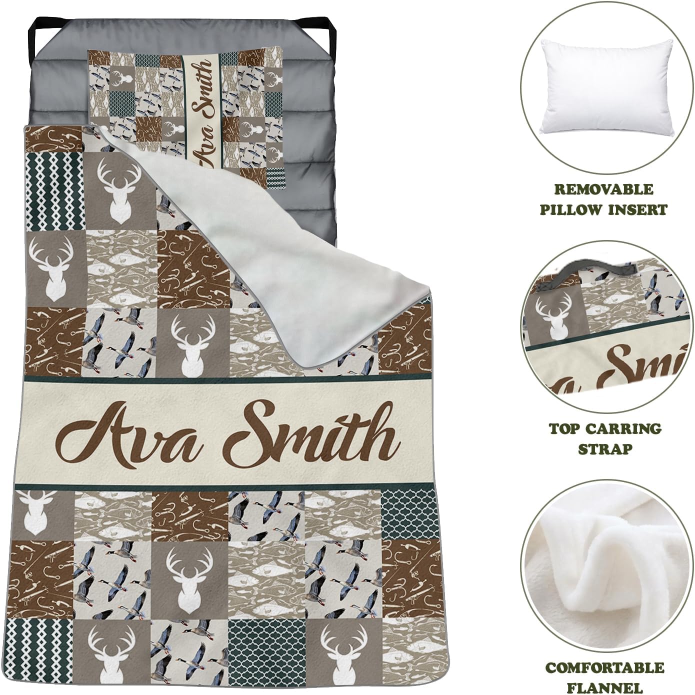 Custom Toddler Nap Mat for Preschool, Personalized Name Mallard Antler Check Sleeping Mats for Daycare, Kids Cot Nap Mat with Pillow and Blanket, Roll Up Slumber Bags for Boys Girls