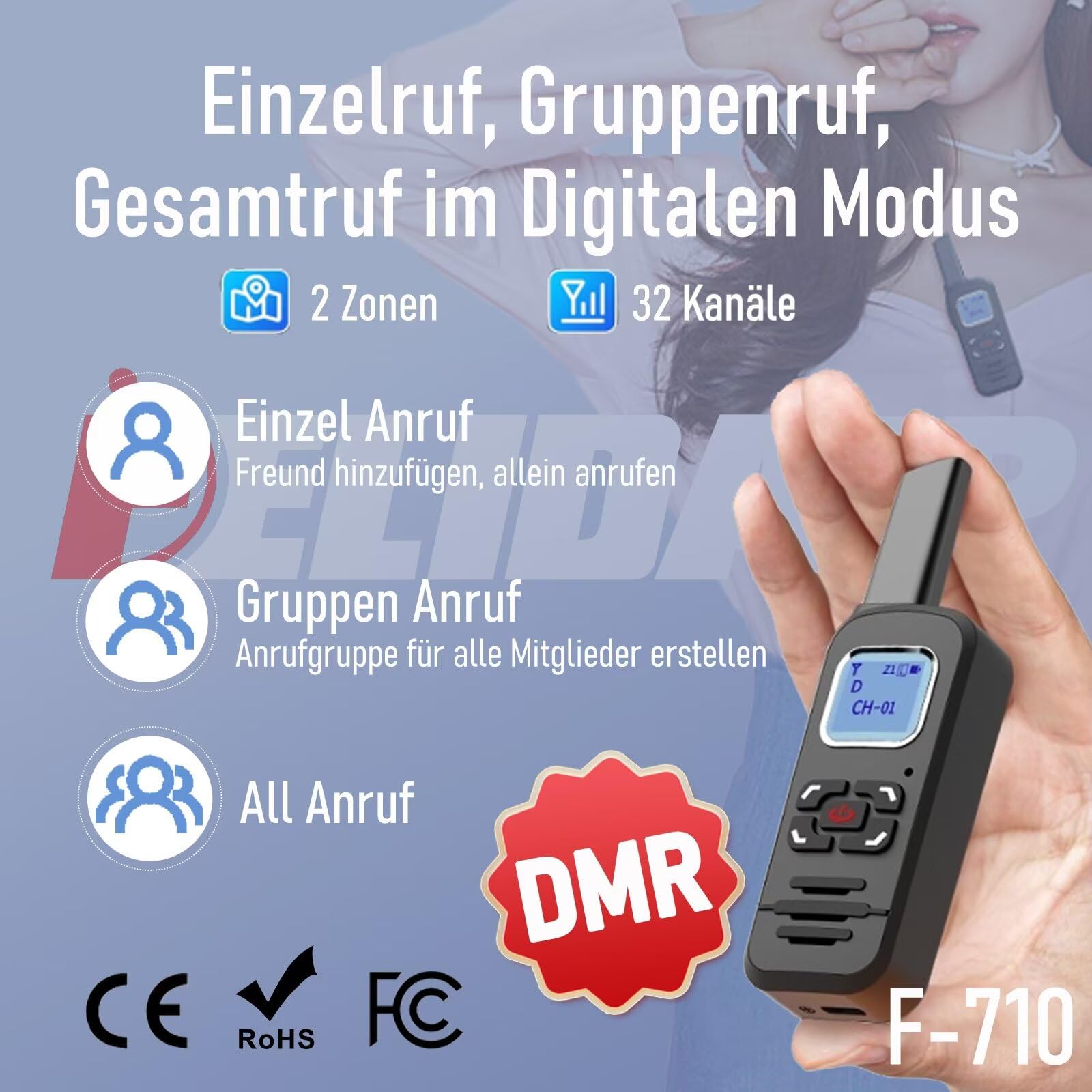F-710 Funkgerät DMR Digital/Analog Dual-Mode Mini Walkie Talkie | mit LCD, PC-programmierbar,1450mAh USB-C,61g Leicht Tragbar Funkgeräte für Restaurant Sicherheit Reisen Outdoor, 1 Stück