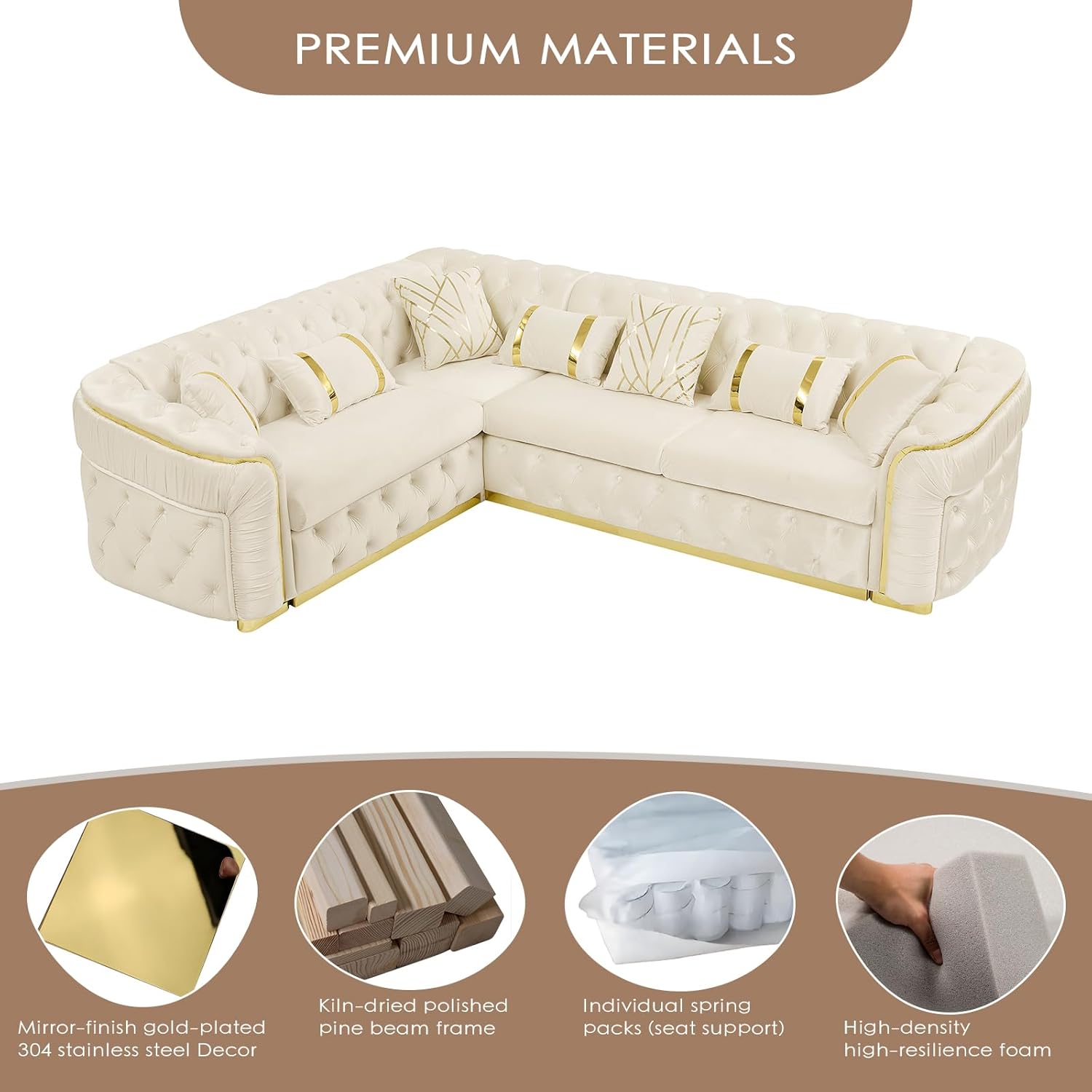 110.5" Beige Velvet L-Shape Chesterfield Sofa Gold Accents 7 Pillows Left Chaise