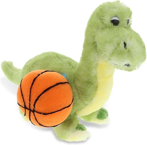 DolliBu Animal de peluche de dinosaurio verde con felpa de baloncesto, dinosaurio de felpa suave para abrazar, juguete de peluche para jugar, lindo